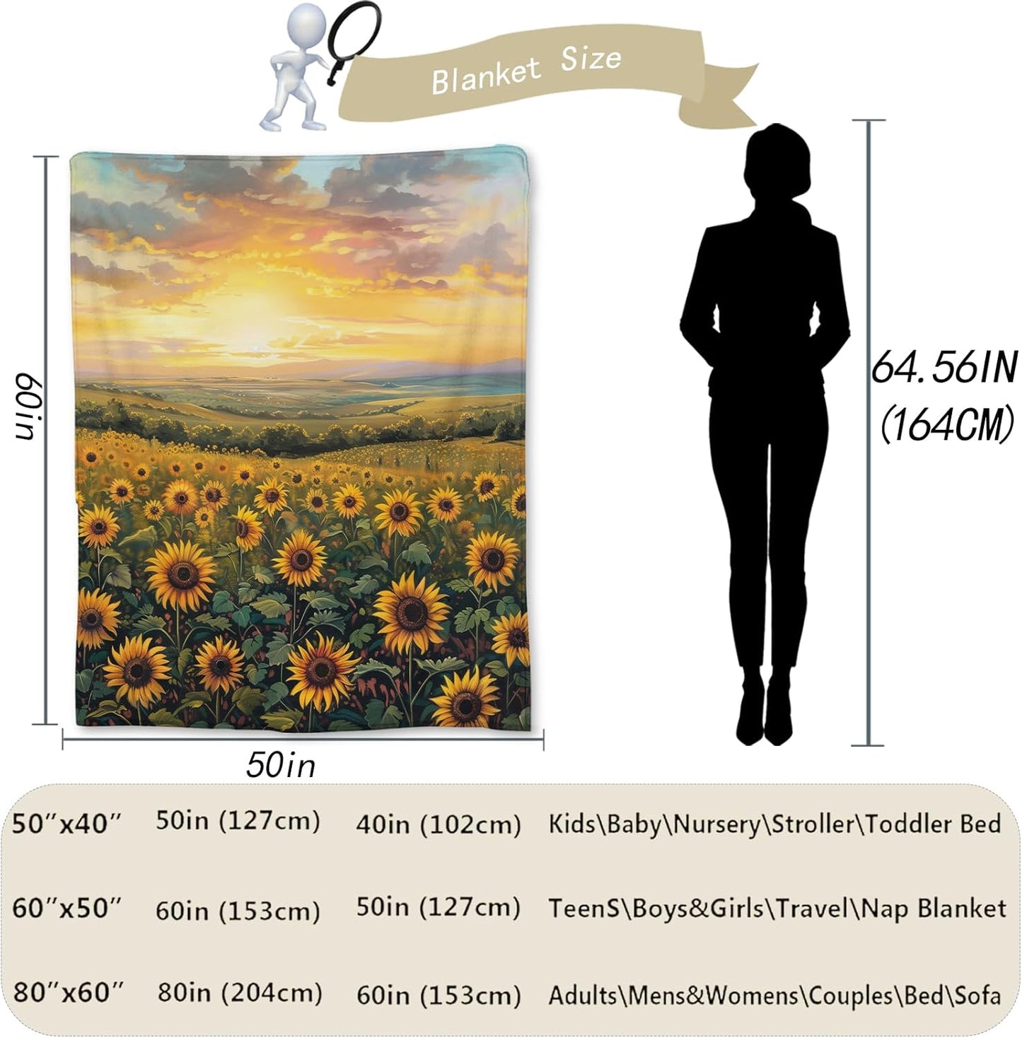 Sunset Sunflower Blanket - Soft, Cozy, Lightweight Flannel Throw Blanket, Perfect for Couch, Bed, Travel - Fuzzy, Fluffy Decorative Home Decor for Outdoor and Indoor Use 60"x50"