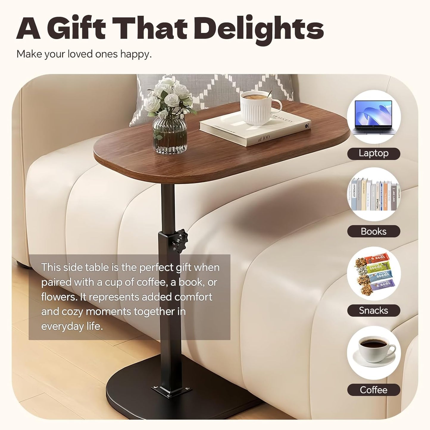 C-Shaped End Table, Adjustable Height Small Side Table for Couch, 360°Swivel Side Table Living Room and Bedroom for Sofa, Bed,Chair, Snack (Walnut)