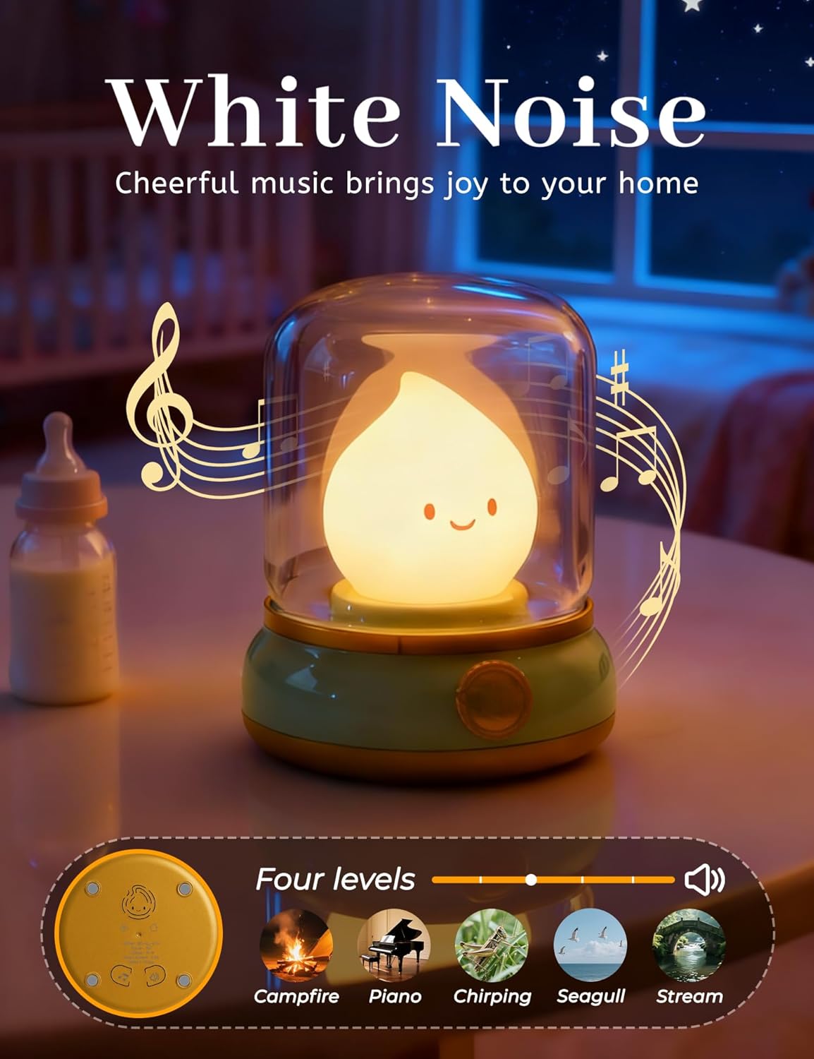 Chibi Flame Lamp, Sleep White Noise Machine Night Light,Waterproof Shower Lamp5 White Noise with 4 Level Volume Adjustment, Rechargeable Lamp,Decor,Gift for Girls