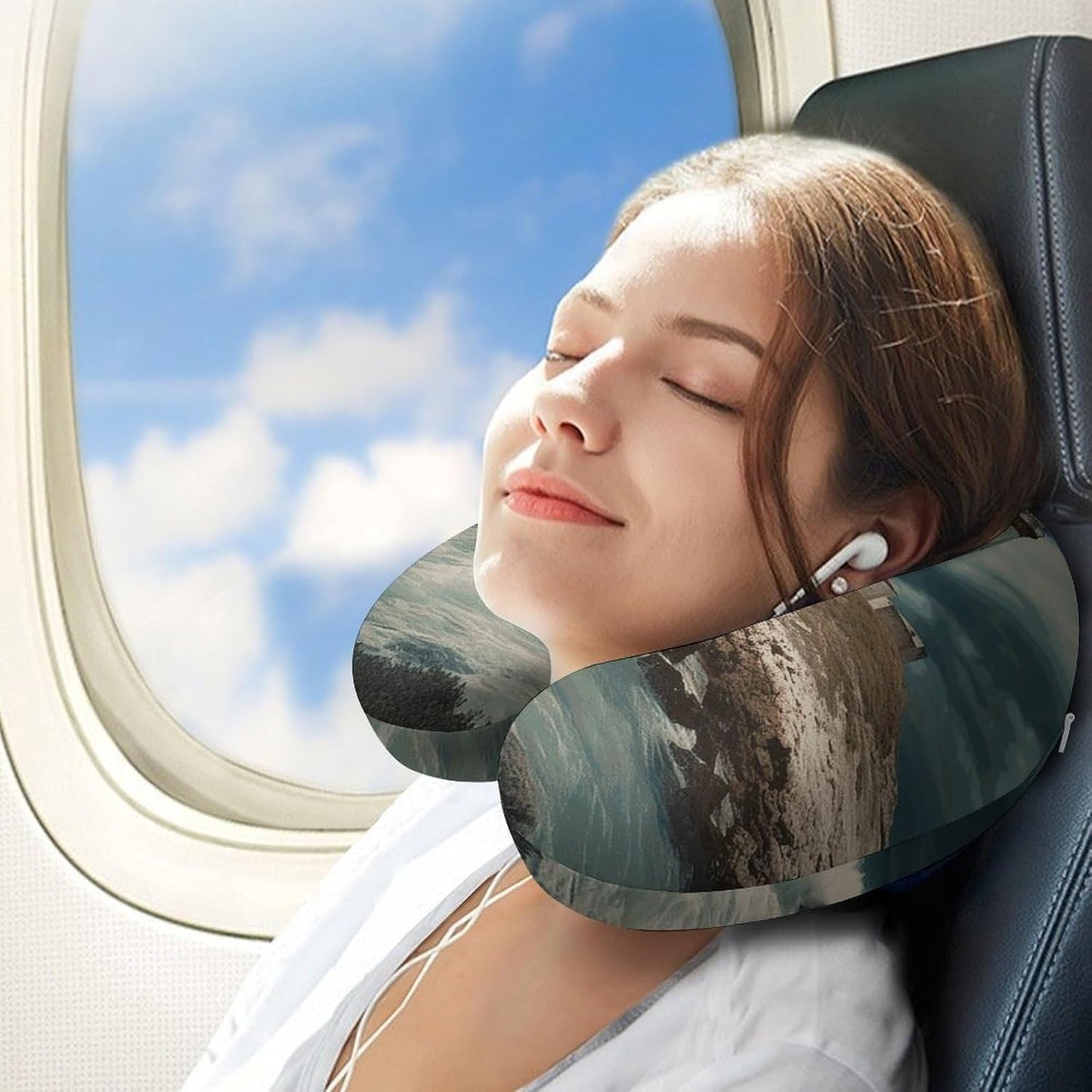 Lighthouse Seaside Neck Pillow Memory Foam U Shaped Pillows Portable Pillows for Shoulder Travel Head Support Pillow with Concealed Zipper for Airplane Car Home Office