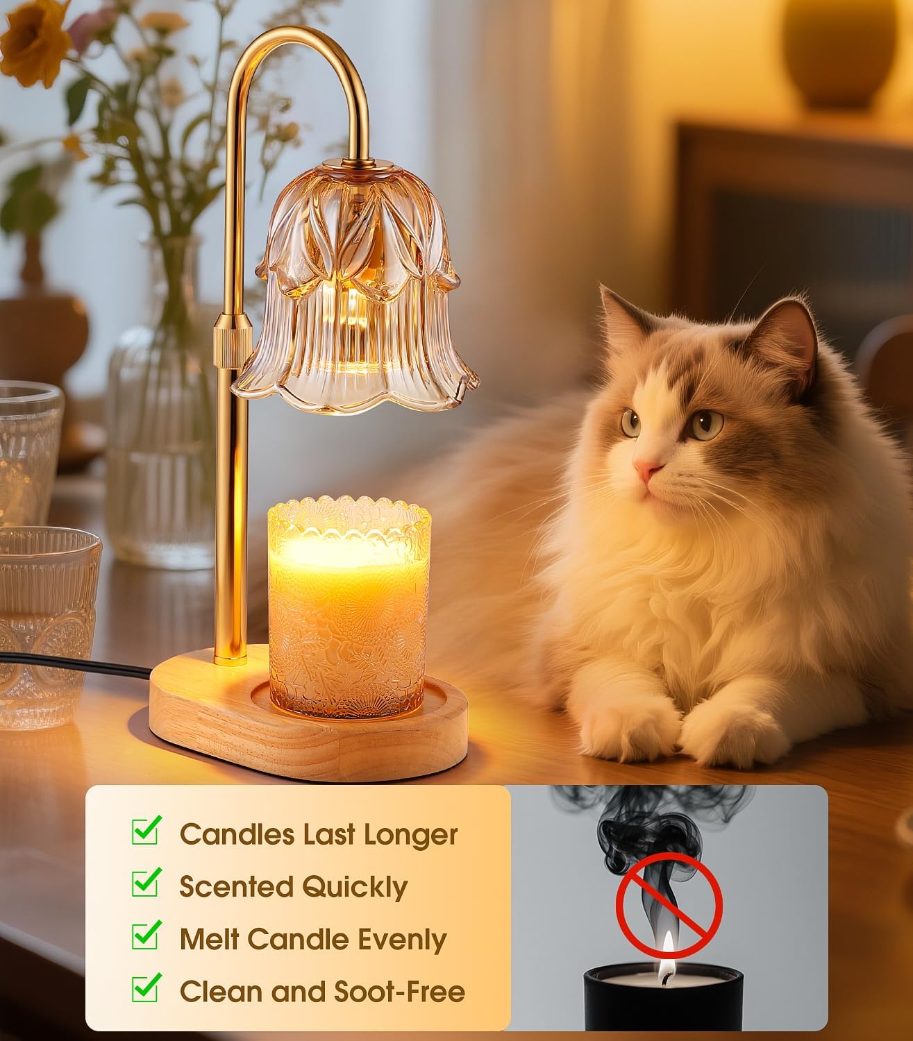 Candle Warmer Lamp Adjustable Timer - Electric Flower Glass Candles Warmers Adjustable Height Dimmable Vintage Base Modern Wax Candles Top Warmers for Small Jar Scented Wax Melts