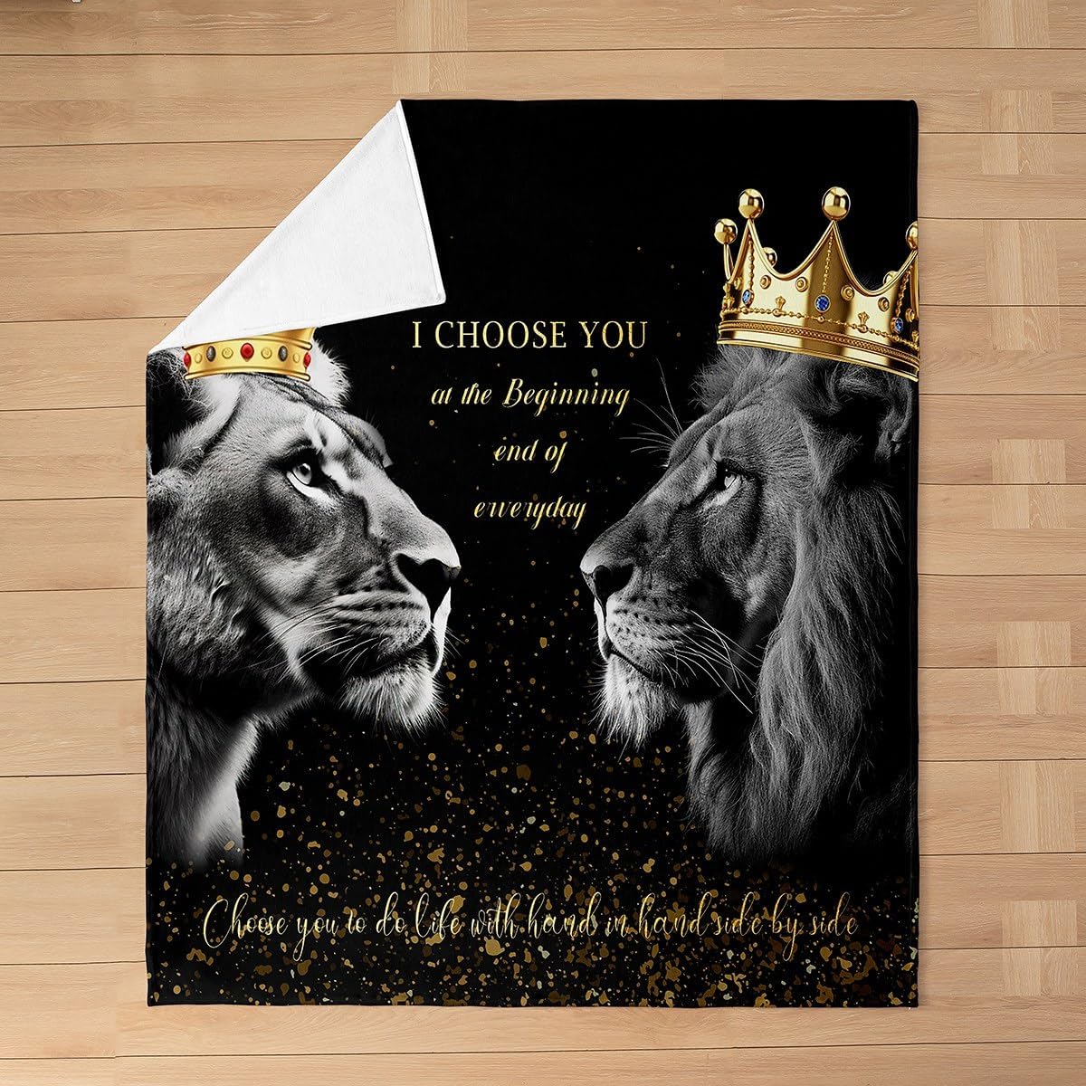Manfei Lion Fleece Throw Blanket All Season Wild Lions Couple Bed Blanket Queen King Crown Fuzzy Blanket for Bed Sofa Couch Valentine's Day Balck Plush Blanket 50"x60"