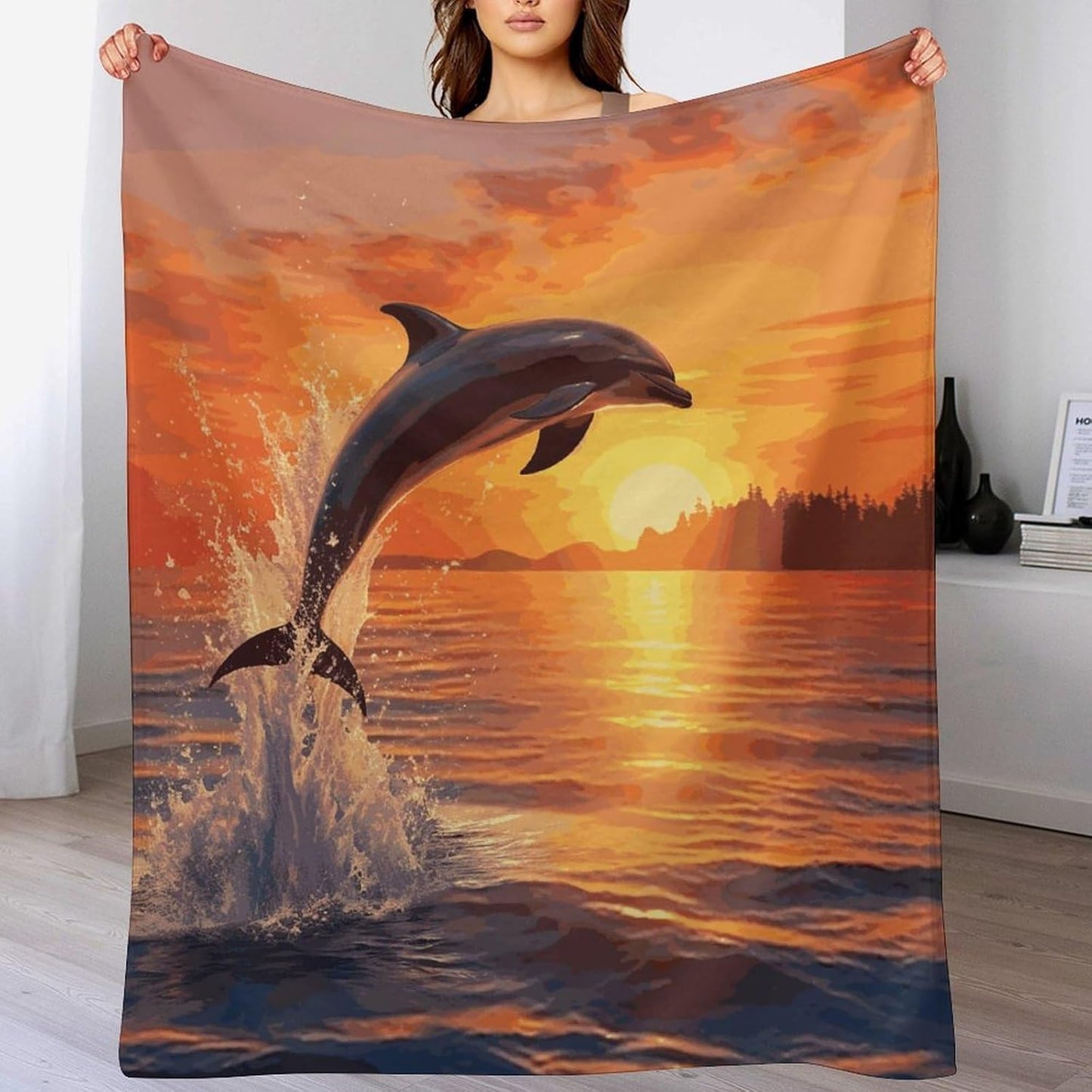 Sunset Dolphin Blanket Super Soft Lightweight Throw Blanket Cute Cozy Warm Bed Blanket Decorative Fuzzy Blanket All-Season Home Decor Gift for Sofa Couch Living Room 30"*40"（76 * 100cm）