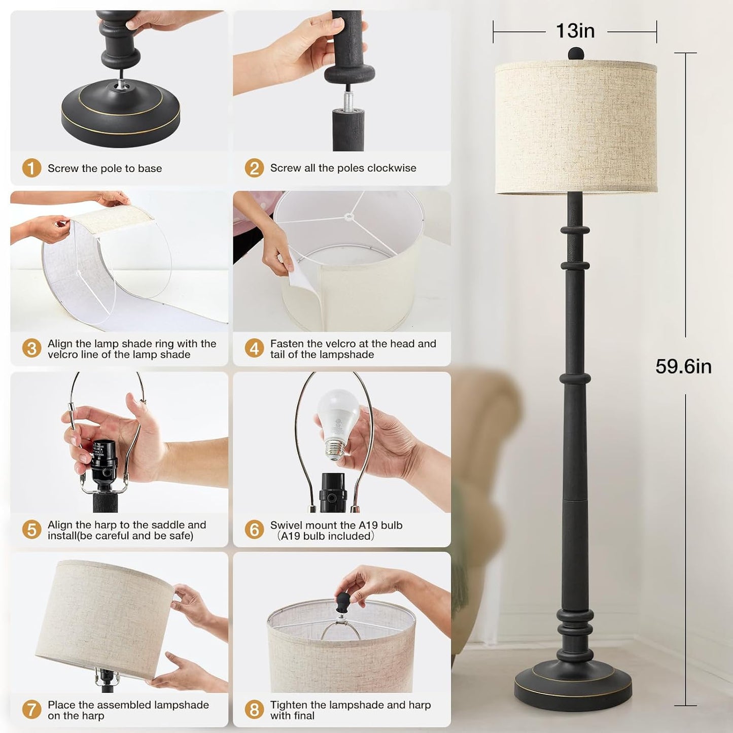 Floor Lamps for Living Room - 60" Resin Farmhouse Floor Lamp with Adjustable Color Temperatures - Vintage Standing Lamp Reading Light with Linen Shade Retro Tall Lamp for Bedroom Office, Black