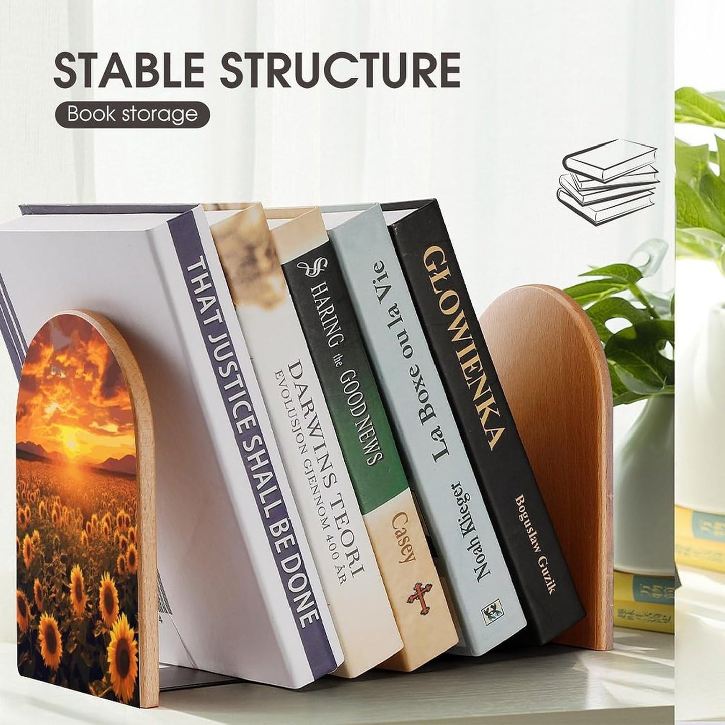Sunflower Field Sunset Sea of Flowers Bookend for Shelves Wooden Book End Large Size Sturdy Book Holders Stoppers with Metal Base for Bookshelves Slick Decorative Bookends Stands