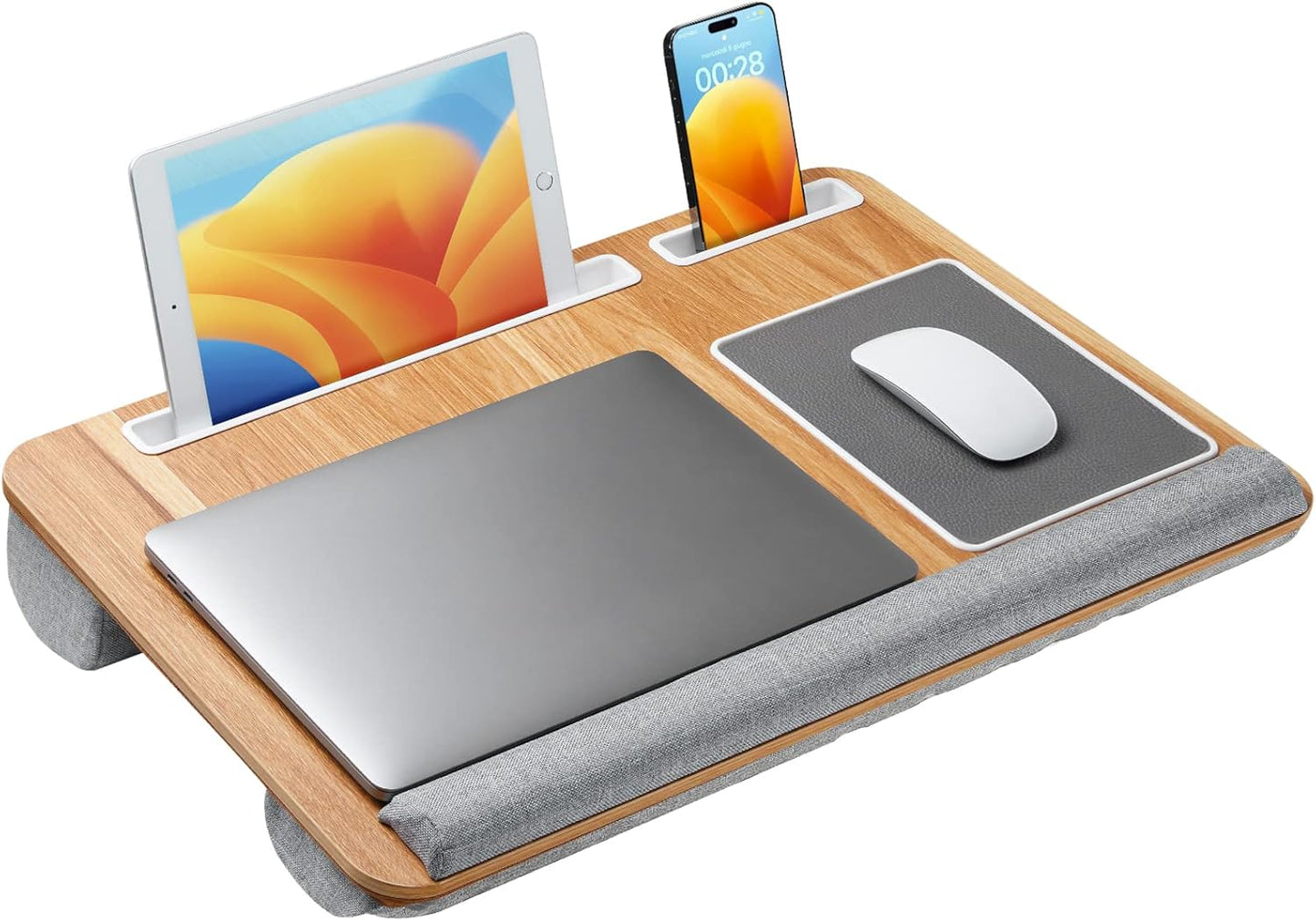 Totnz Lap Desk, Home Office Laptop Desk Fits up to 17 inches with Mouse Pad, Wrist Pad, Tablet, Pen & Phone Holder, Laptop Stand for Reading, Writing and Working, Wood Grain (TZLD3)