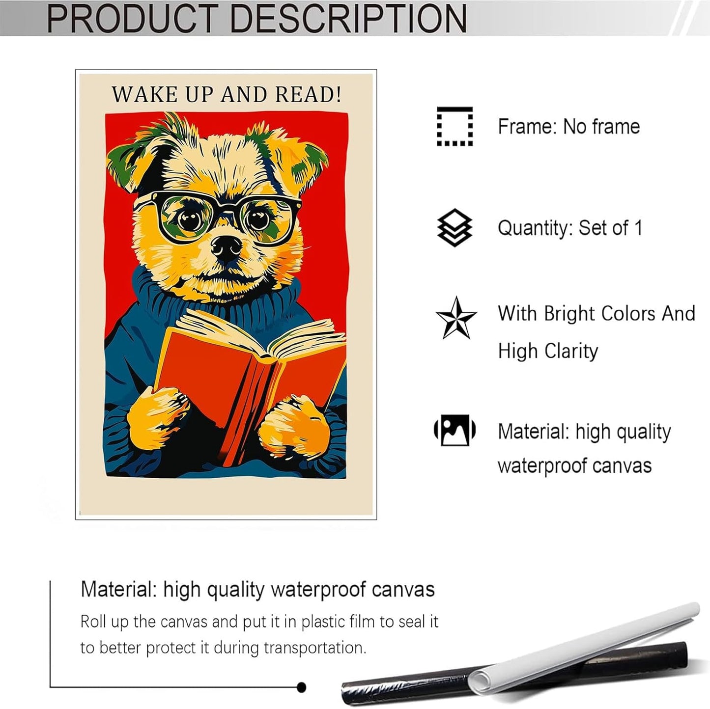 Vintage Animal Reading Poster Wake Up And Read Aesthetic Canvas Wall Art Retro Funny Inspiring Quotes Pet Dog Prints Painting For Living Room Office Library Wall Decor 8x12in Unframed