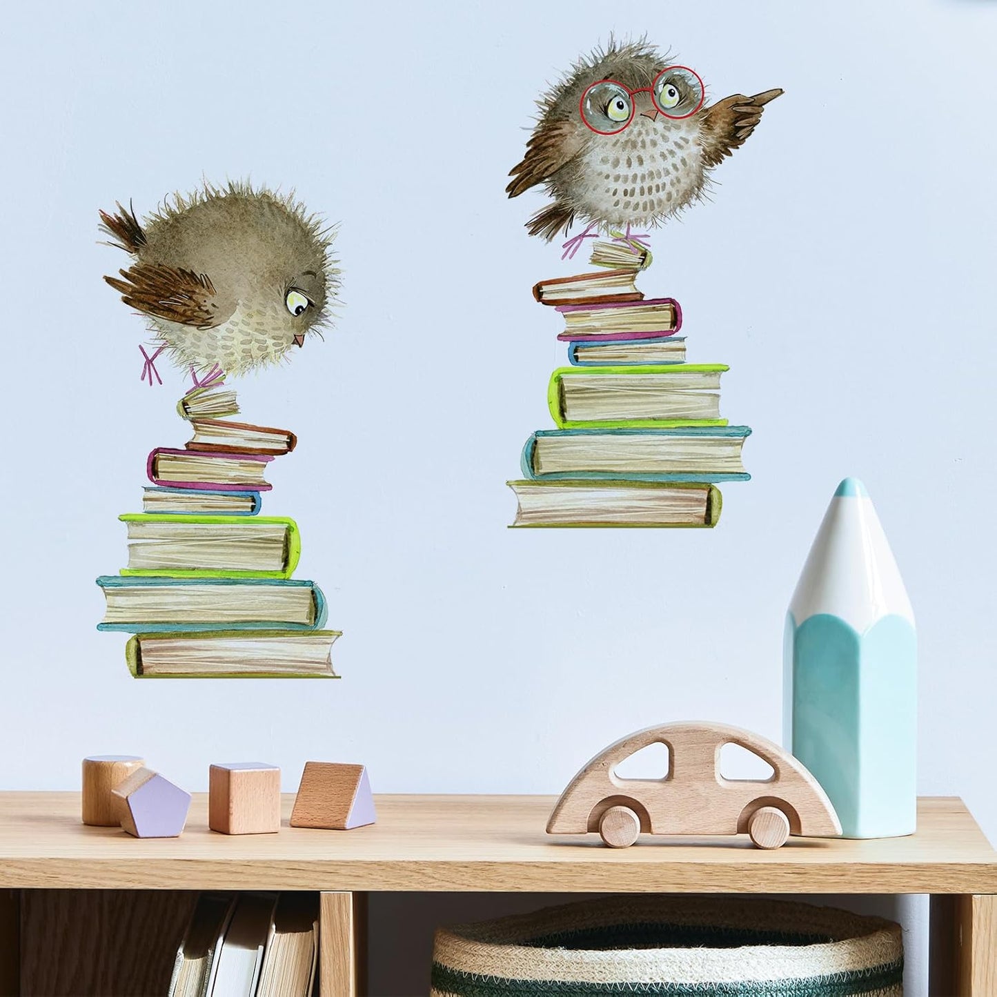 Owls & Books Wall Decals,Cute Animal Wall Stickers, Educational Peel and Stick Wallpaper for Kids Room,Reading Nook,Library Classroom Decor (E)