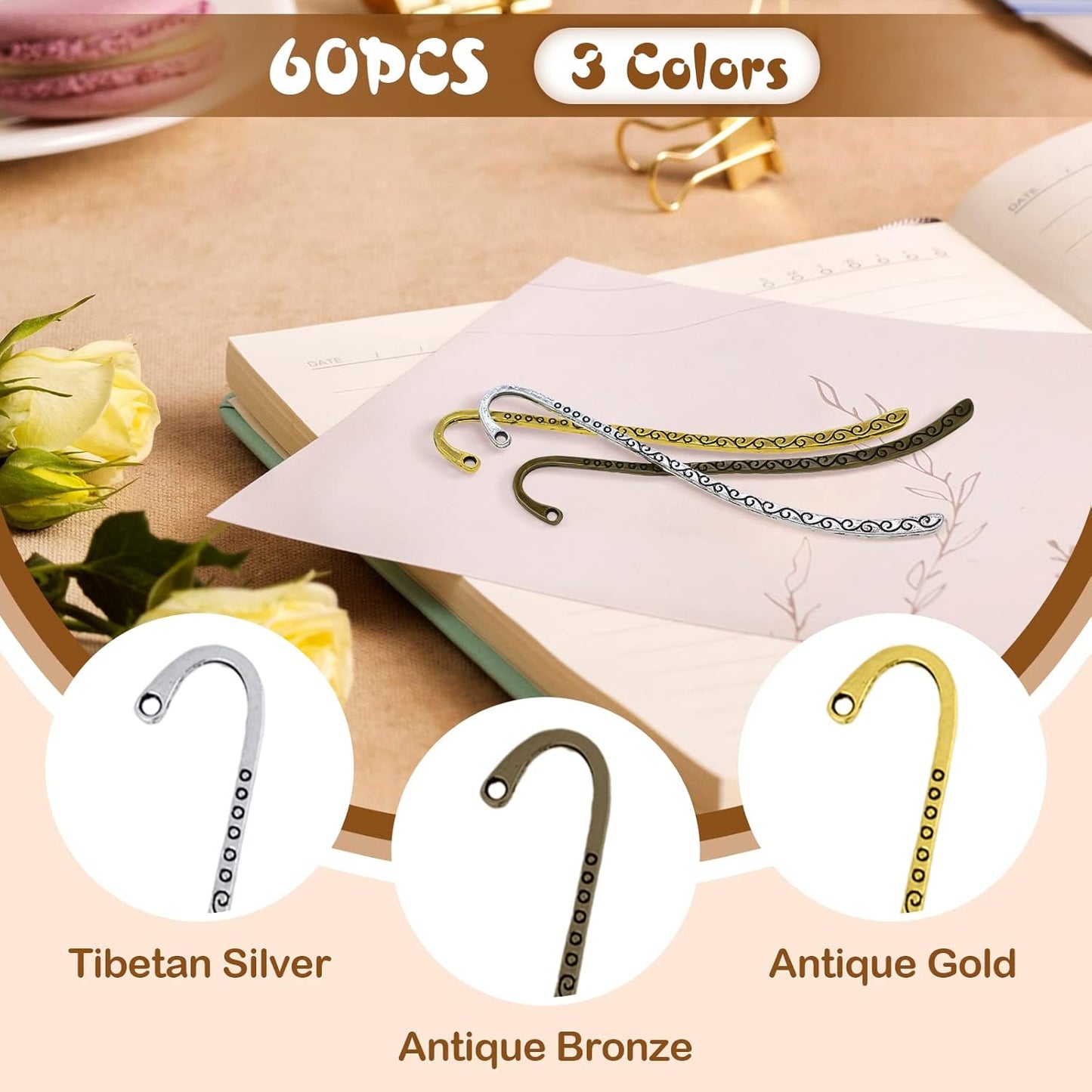 60pcs Retro Metal Bookmark Beading Vintage Bookmark Student Gifts