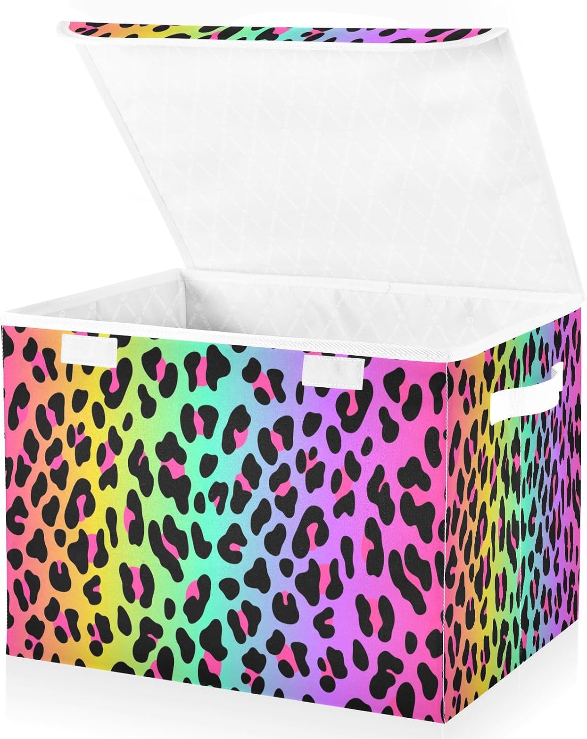 Large Collapsible Storage Bins with Lids, Rainbow Leopard Animal Storage Baskets Organizer Containers with Handles for Nursery Clothes Toys