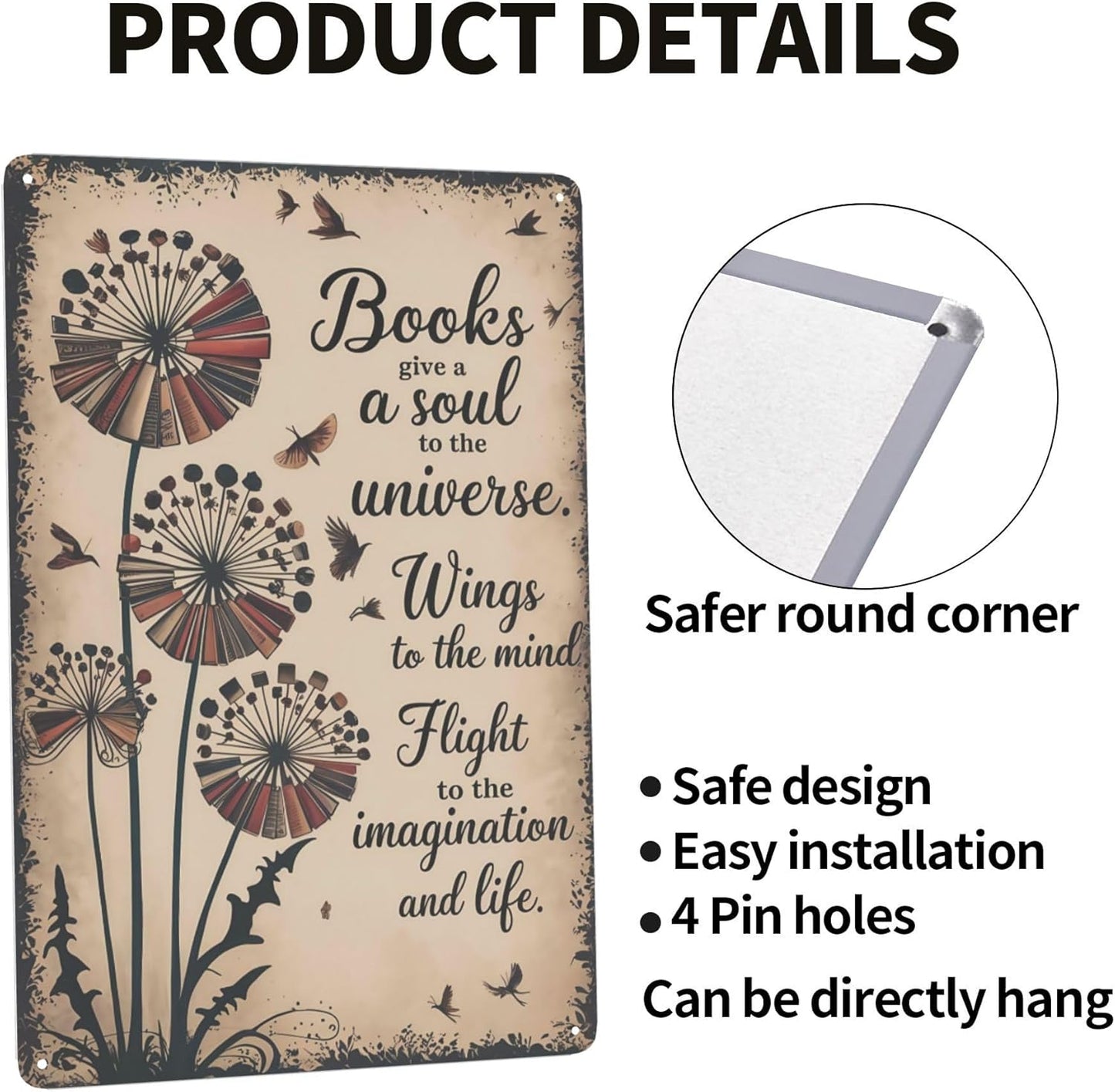 Humorous phrase wall art featuring Love Reading Book Gives Soul Universe Wings To The Mind Metal Wall Sign With Vintage Coating Ideal For Library Decor 8x12 inch metal sign for apartment or dorm