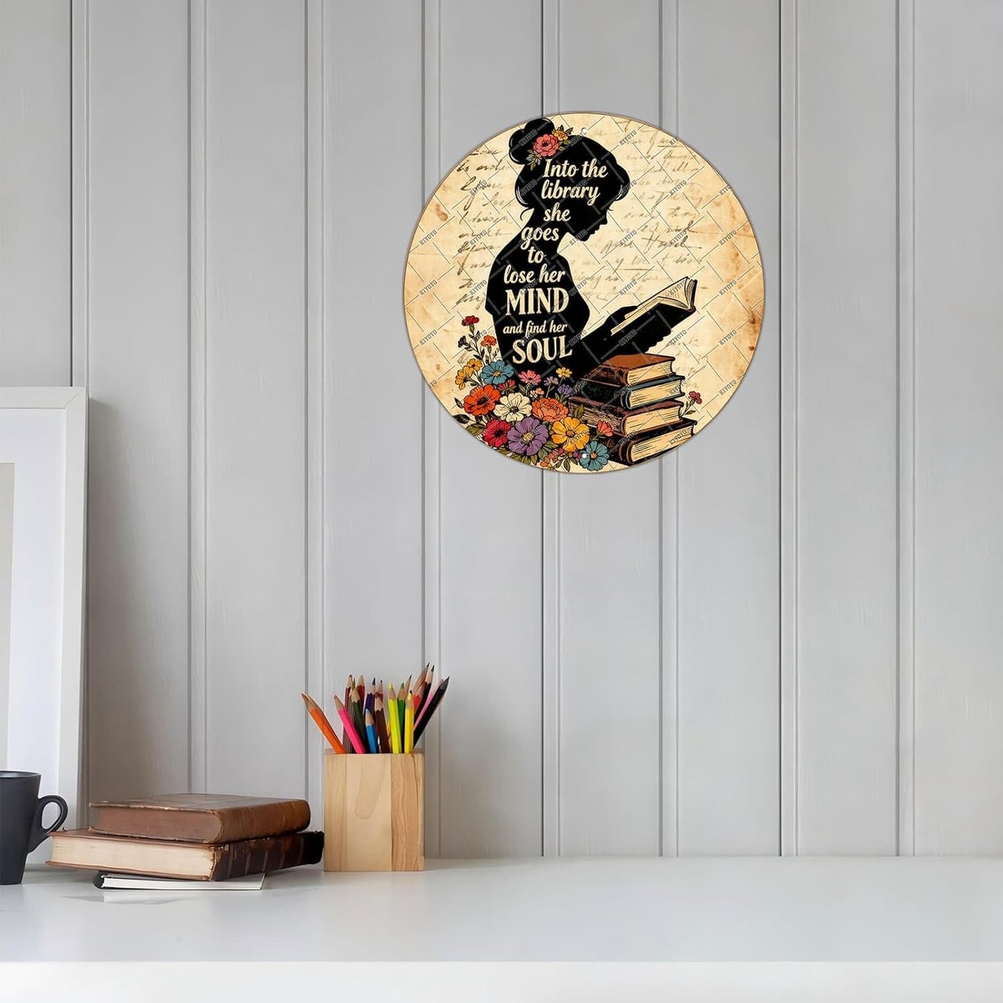 KIOKIO Vintage Girl Reading Book Iron Tin Sign Into The Library She Goes To Lose Her Mind And Find Her Soul Round Metal Sign 12x12 Inch Home Kitchen Bathroom Wall Decor Bar Pub Coffee Garage Poster