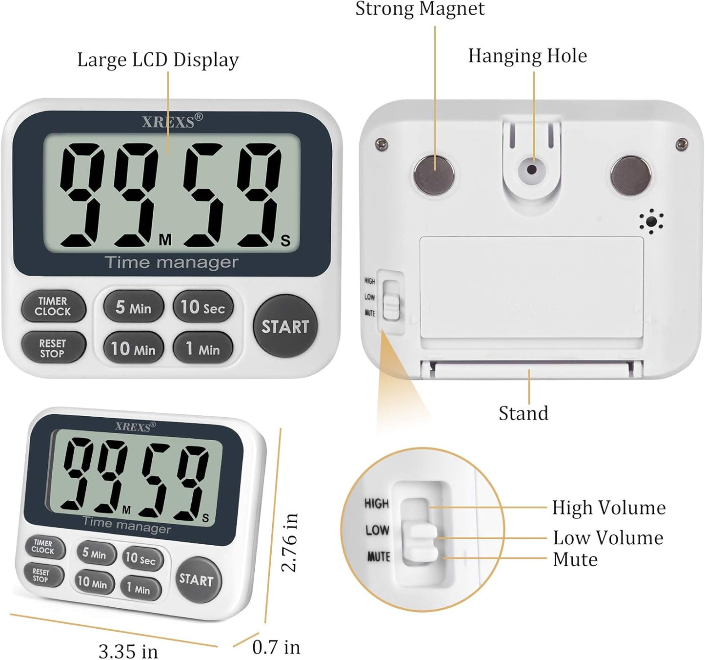 XREXS Digital Kitchen Timer, Magnetic Countdown Up Cooking Timer with Large LCD Display, Adjustable Volume, Loud Alarm & Strong Magnet for Teachers (Batteries Included)