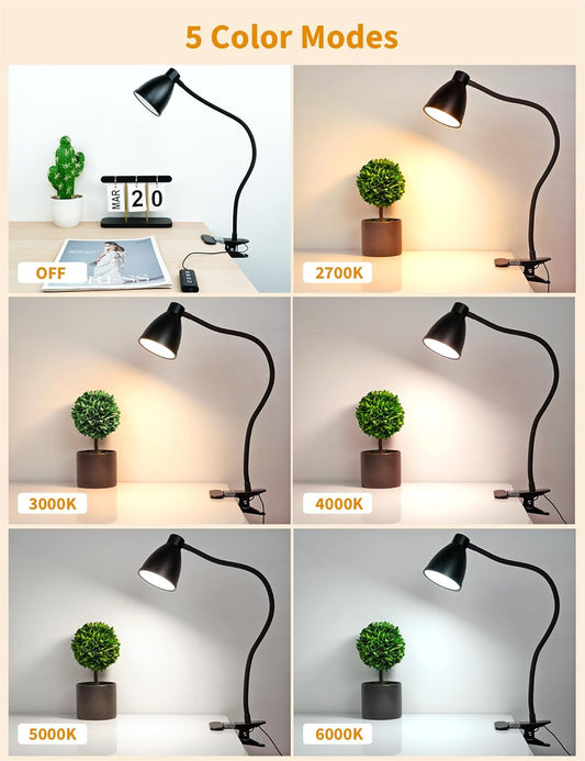 BOHON Desk Lamp 5 Color Modes 10 Brightness Dimmer Reading Light 10W 38 LED Clamp Lamp with Auto Off Timer 360° Flexible Neck Clip on Light for Bed Bedside, AC Adapter Include