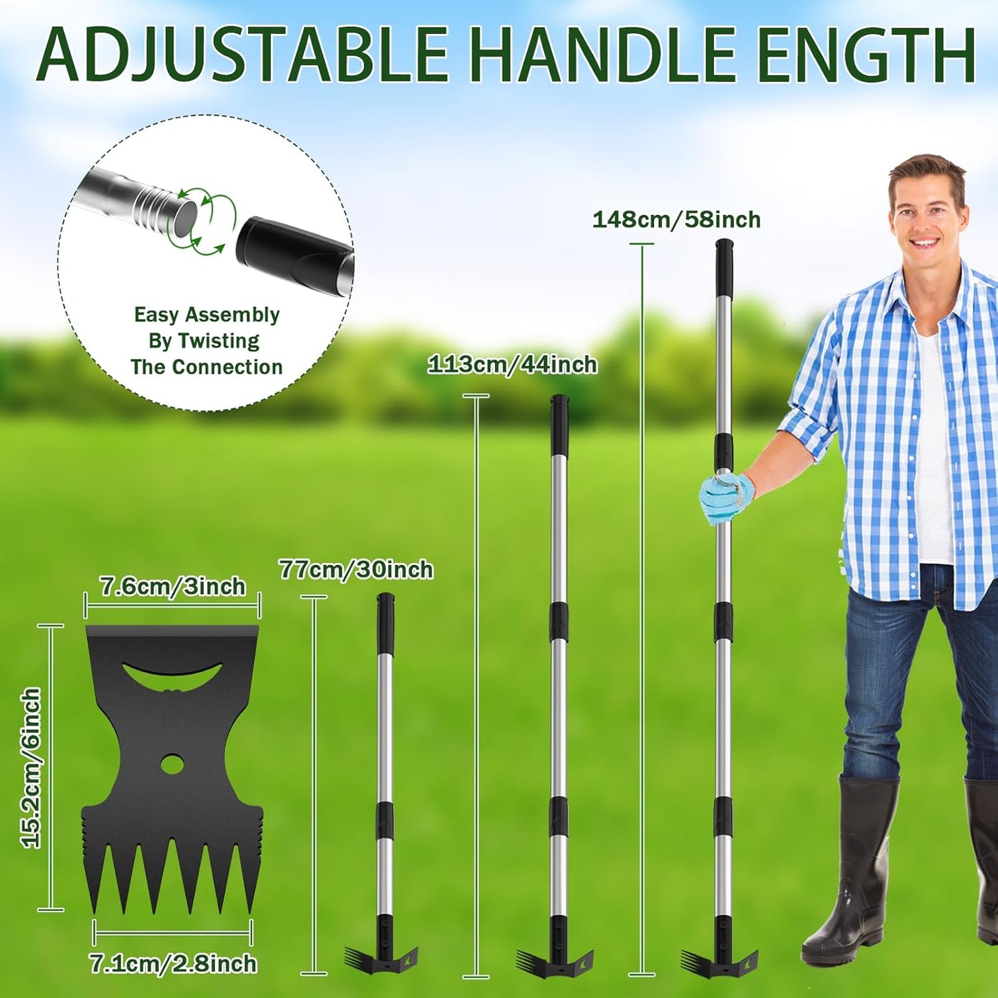 Weed Puller Tool with Long Handle – 2-in-1 Handle Garden Hoe and Weed Rake, Hoe Garden Tool for Home Gardens, Lawns, and Yards