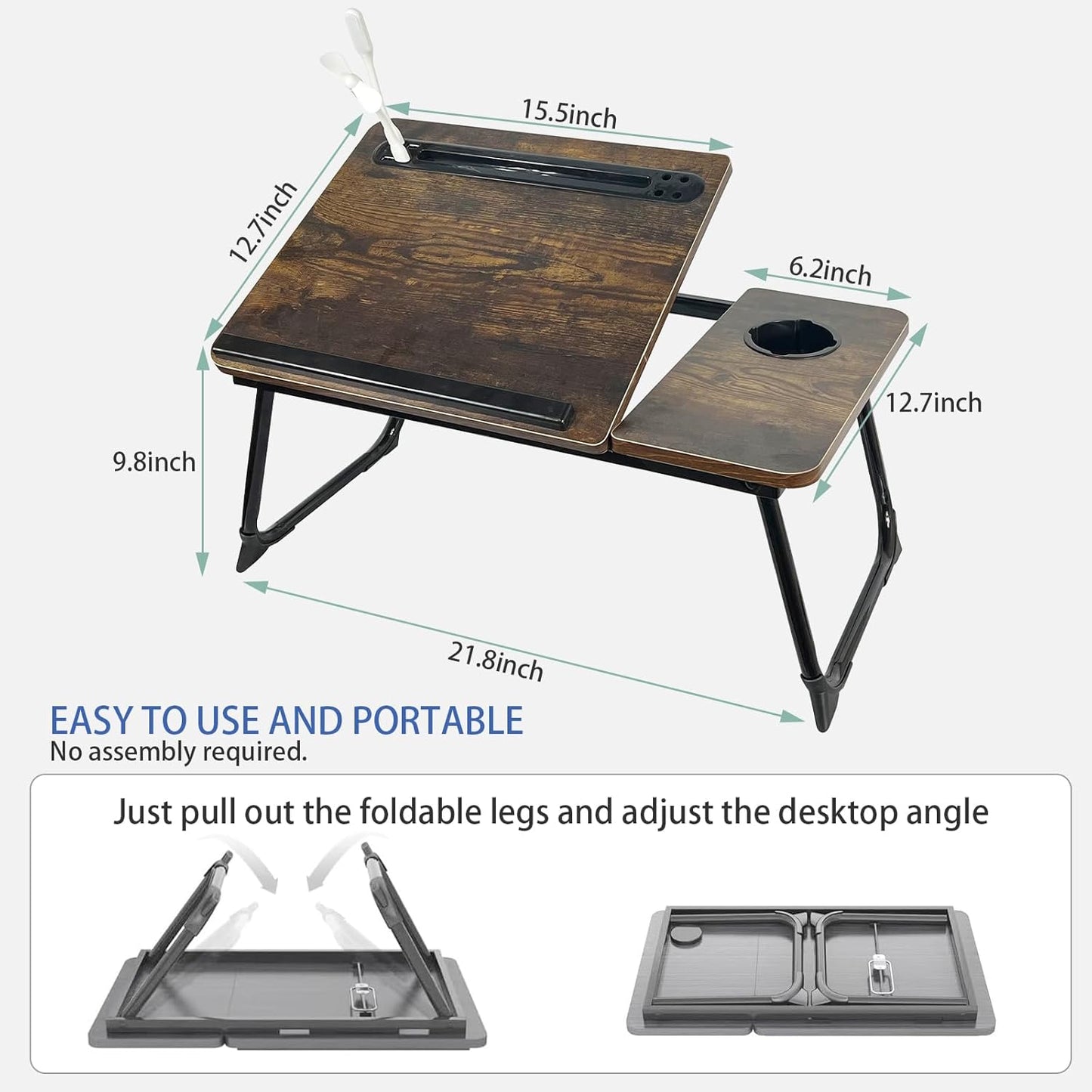 Laptop Desk for Bed, Laptops Bed Tray Desk with 5 Different Angles, Foldable Laptop Bed Table with USB Charge Port and Cup Holder for Writing Working (Rustic Brown)