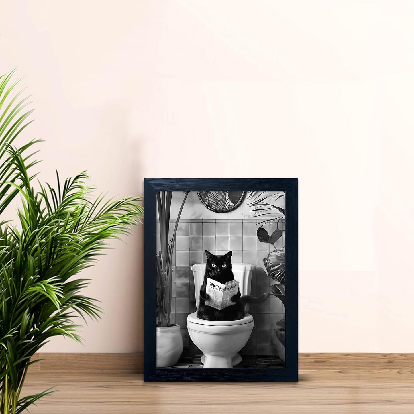 Funny Black Cat Bathroom Wall Decor, Black Cat Sitting on Toilet Reading Newspaper Wall Art, Humorous Cat Bathroom Decor, Black and White Minimalist Animal Canvas Wall Art for Restroom, Wood Framed 8x10