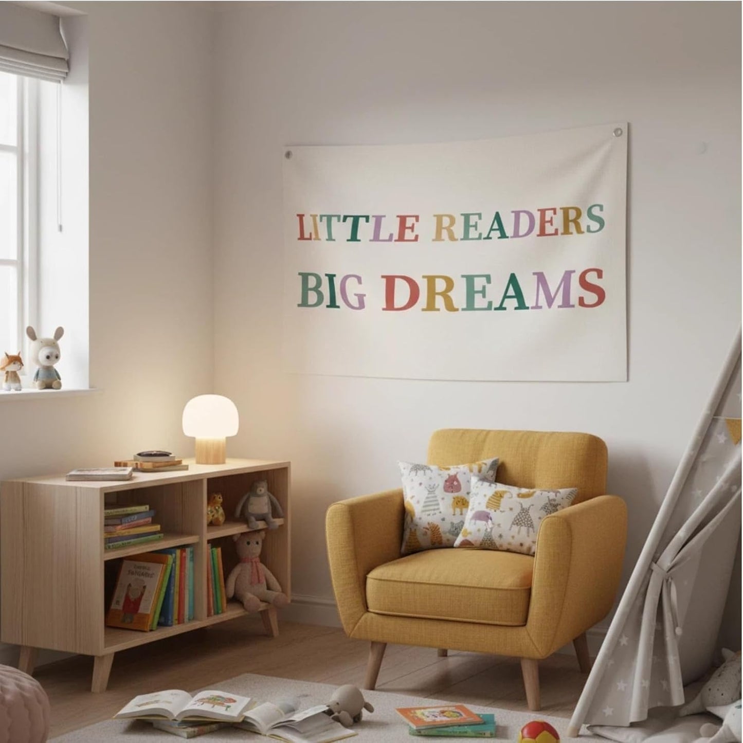 Canvas Wall Hanging Banner Flag (30"L x 20"W), "LITTLE READERS BIG DREAMS" Inspirational Quote Wall Art, Boho Minimalist Fabric Sign with Metal Grommets for Library, Classroom, Kids Room & Nursery