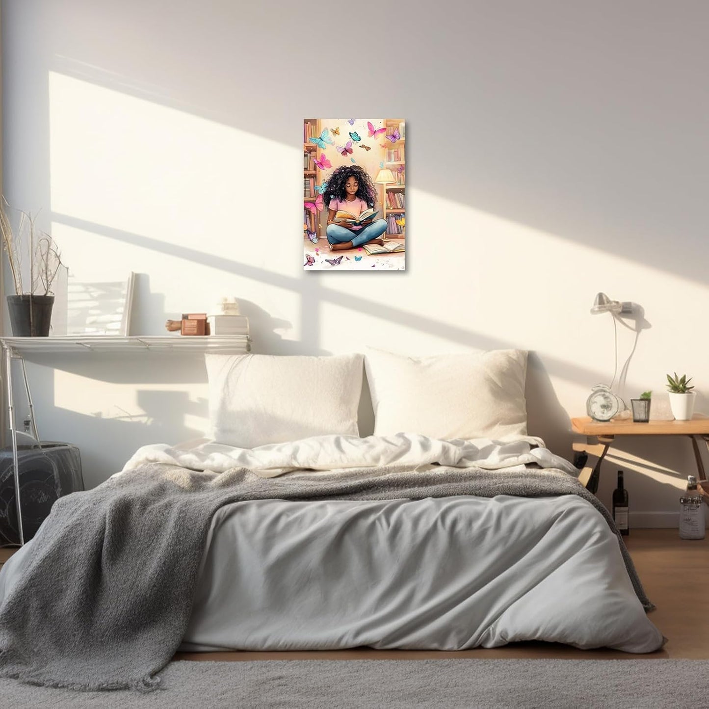 XLMDYYSW African American Wall Art Colourful Black Girl Reading Book Pictures Black Woman Canvas Prints Watercolor Butterfly Painting for Bedroom Decor Framed (Pink, 18L x 12W)