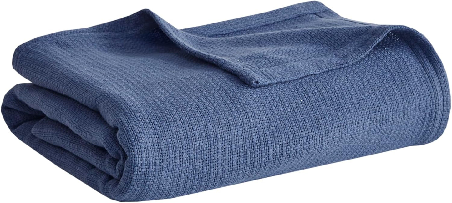 Madison Park Freshspun Basketweave Luxury Cotton Blanket Navy 108x90" King Size Basketweave Premium Soft Cozy 100% Cotton For Bed, Couch or Sofa
