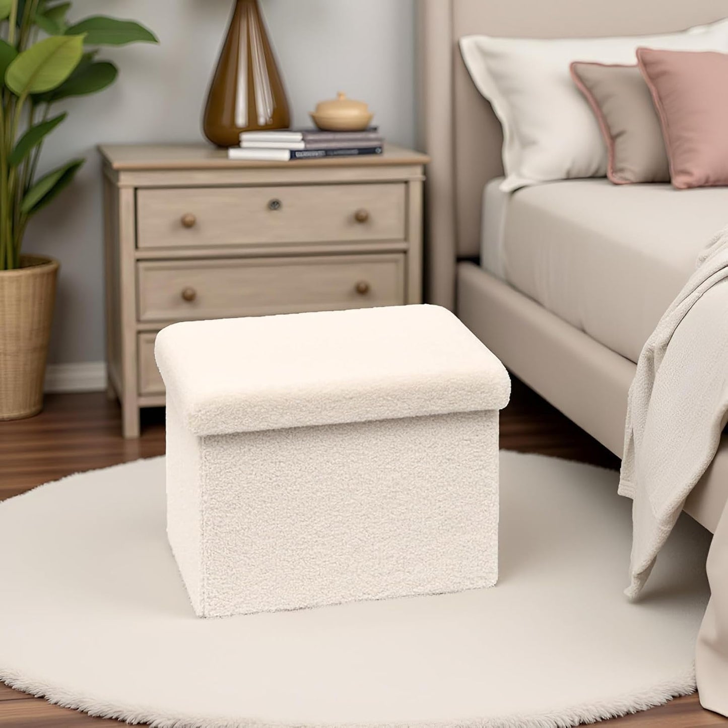 16.5in Small Storage Ottoman Foldable Sherpa Top Storage Bench,Foot Rest/Step Stool for Bedroom Dorm Entryway, Space Saving for Small Spaces- White