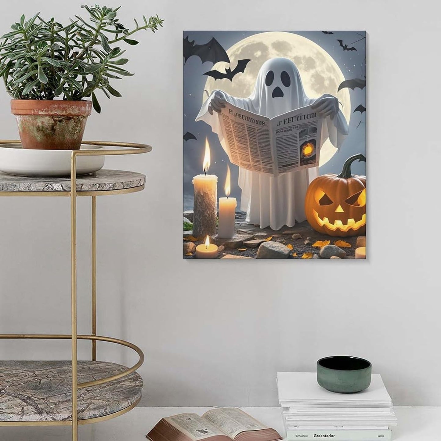 Wall Decor Decorative Wall Art Ghost Reading Cotton And Linen Hanging Poster Framed Wall Artwork Gallery Aesthetic for Bedroom Living Room Bathroom 16x20inch(40x50cm)