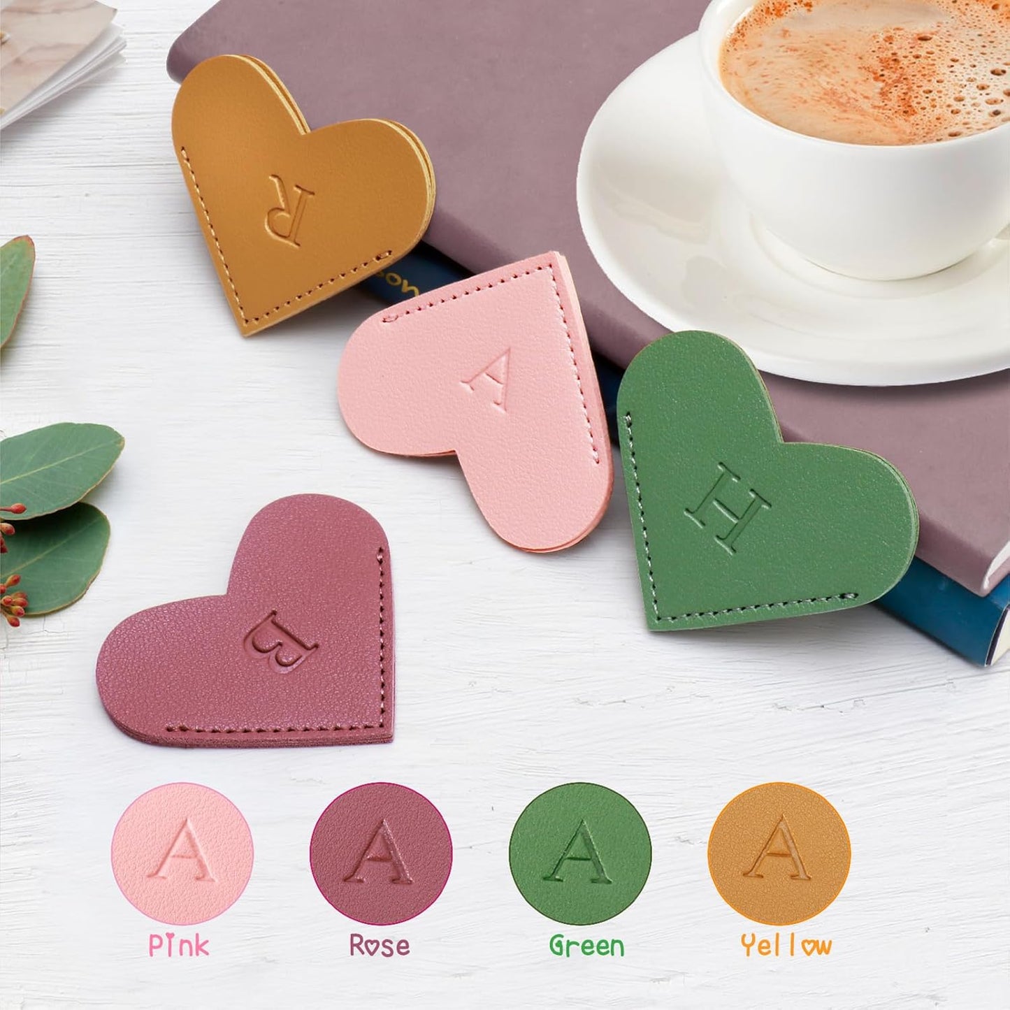 Personalized Initial Leather Heart Bookmark,Cute Corner Page Marker,Reading Accessories for Teachers Students Kids Book Lovers Women Gift,for School Office Home Supplies (E(4 Pcs))