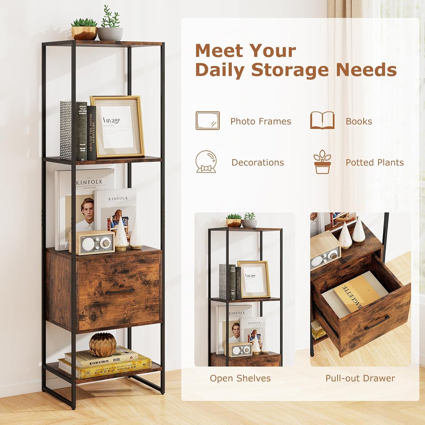 Tangkula 4-Tier Bookshelf with Drawer, 62.5” Tall Narrow Bookcase with Metal Frame & Anti-tip Kits, 4 Open Shelves & Pull-Out Drawer, Modern Slim Display Storage Rack for Living Room Study (1, Brown)