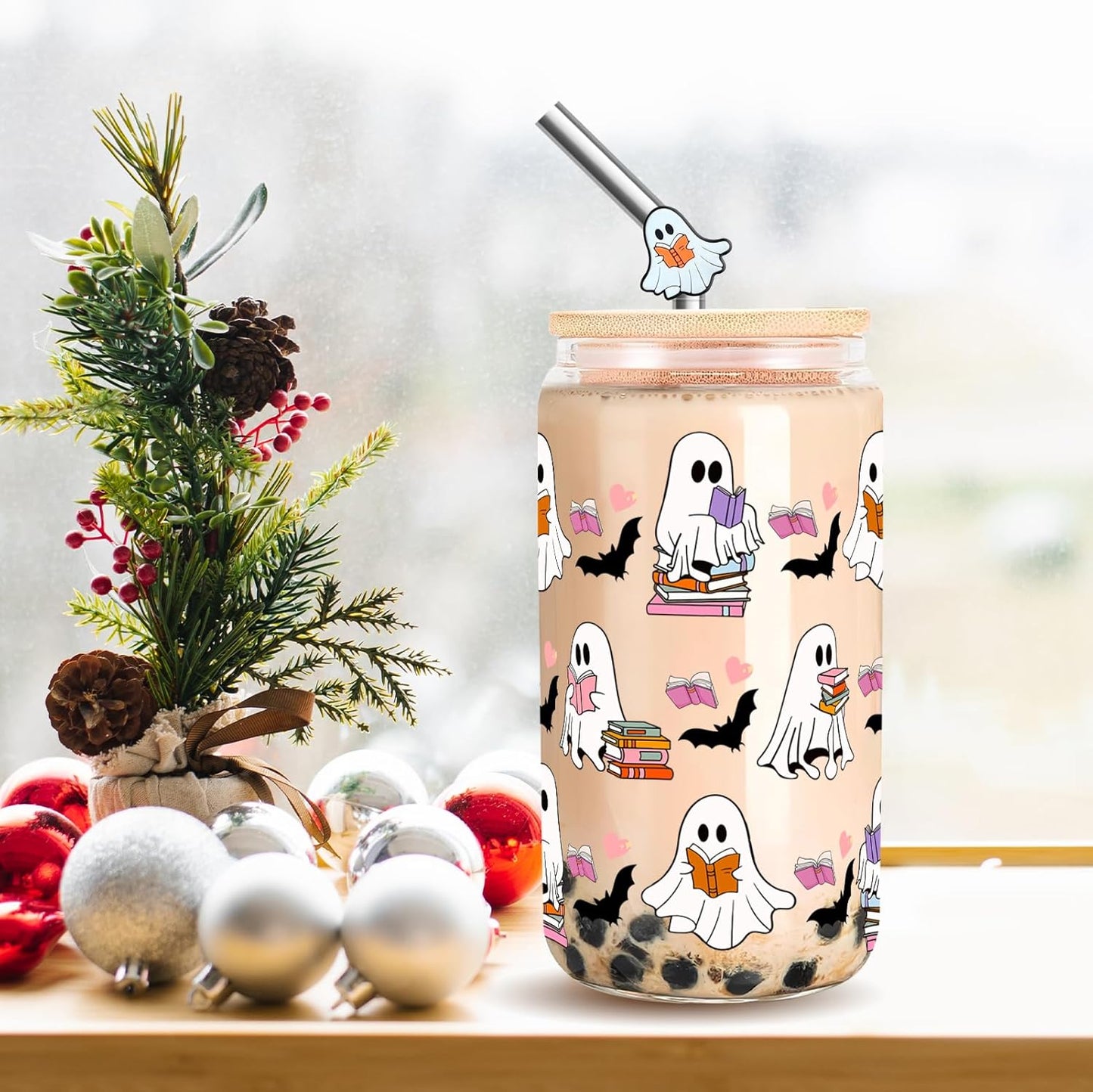 Halloween Gifts for Book Lovers Women Cute Halloween Ghost Reader Iced Coffee Cup with Lid and Straw 16oz Book Themed Bookworm Reading Gifts for Librarian Reader