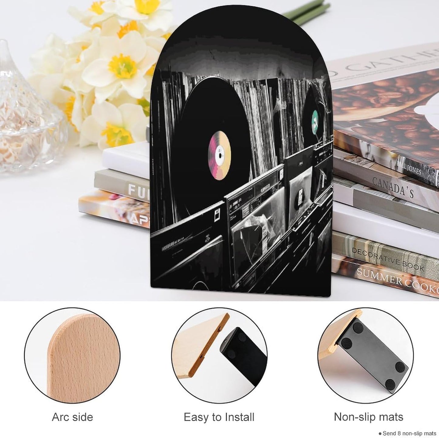 Vinyl Records Bookend for Shelves Wooden Book End Large Size Sturdy Book Holders Stoppers with Metal Base for Bookshelves Slick Decorative Bookends Stands