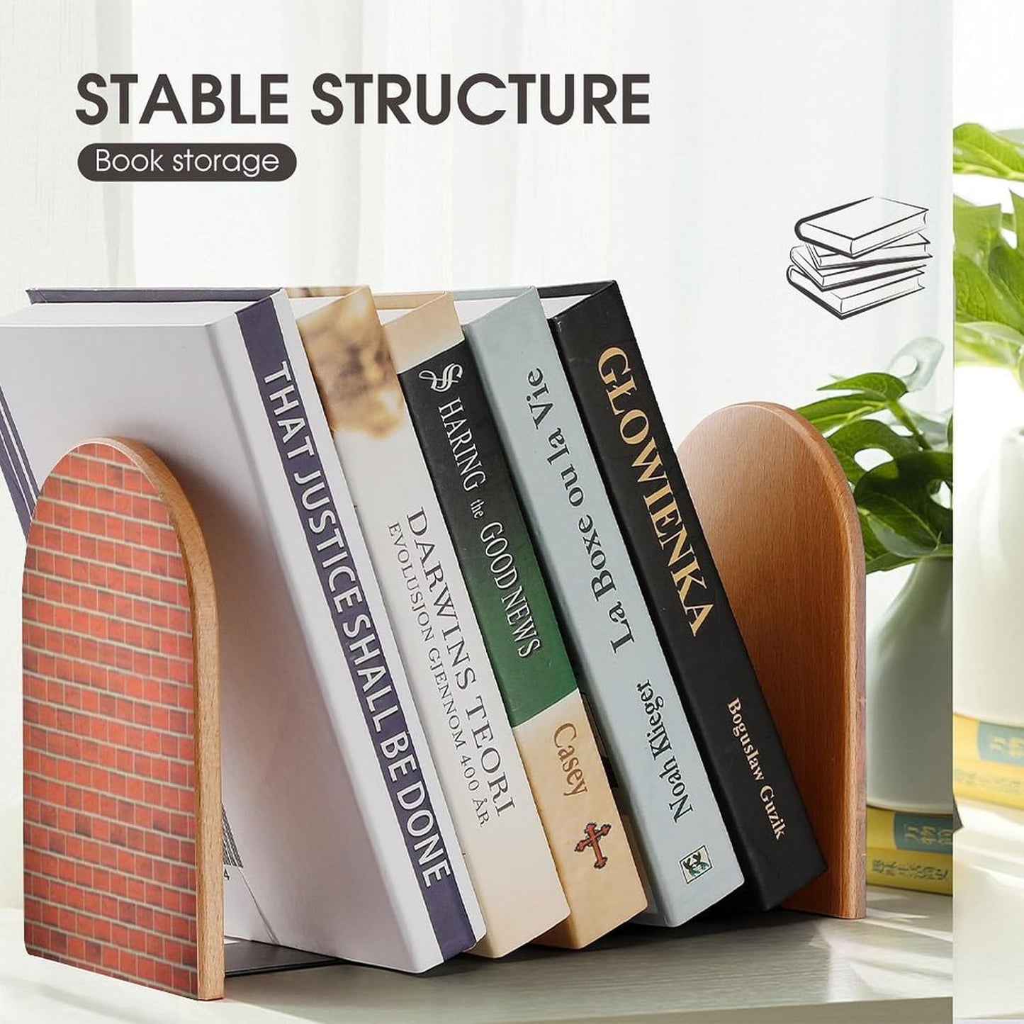 Red Brick Wall Texture Wooden Bookend Non-Slip Book Ends Heavy Duty Book Stopper with Metal Base Books Holderd Decorative Bookends Stands Firmly for Office Supplies