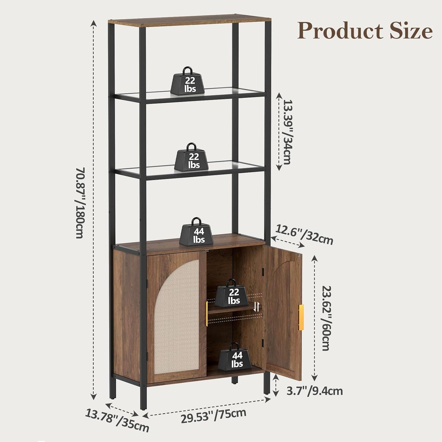 Rattan Bookshelf with Storage, 71" Tall Bookcase with Doors, Boho Book Shelf Narrow with LED Lights for Living Room, Bedroom, Home Office, Brown