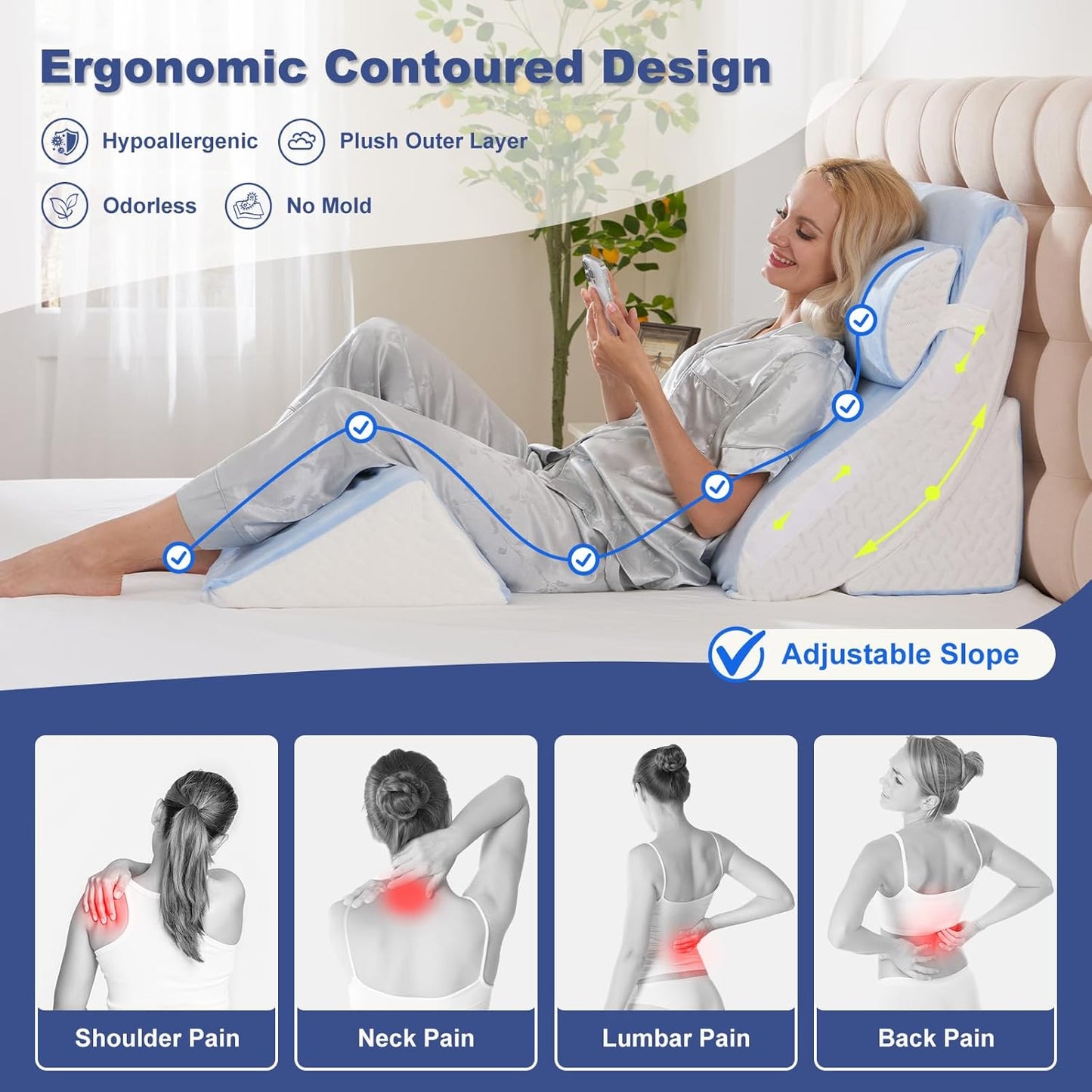 4PCS Bed Wedge Pillow for Sleeping and Sitting Up, Orthopedic Memory Foam Pillow Set for Back Pain, Post Surgery Recovery, Acid Reflux, GERD Relief, Triangle Shape, Blue White