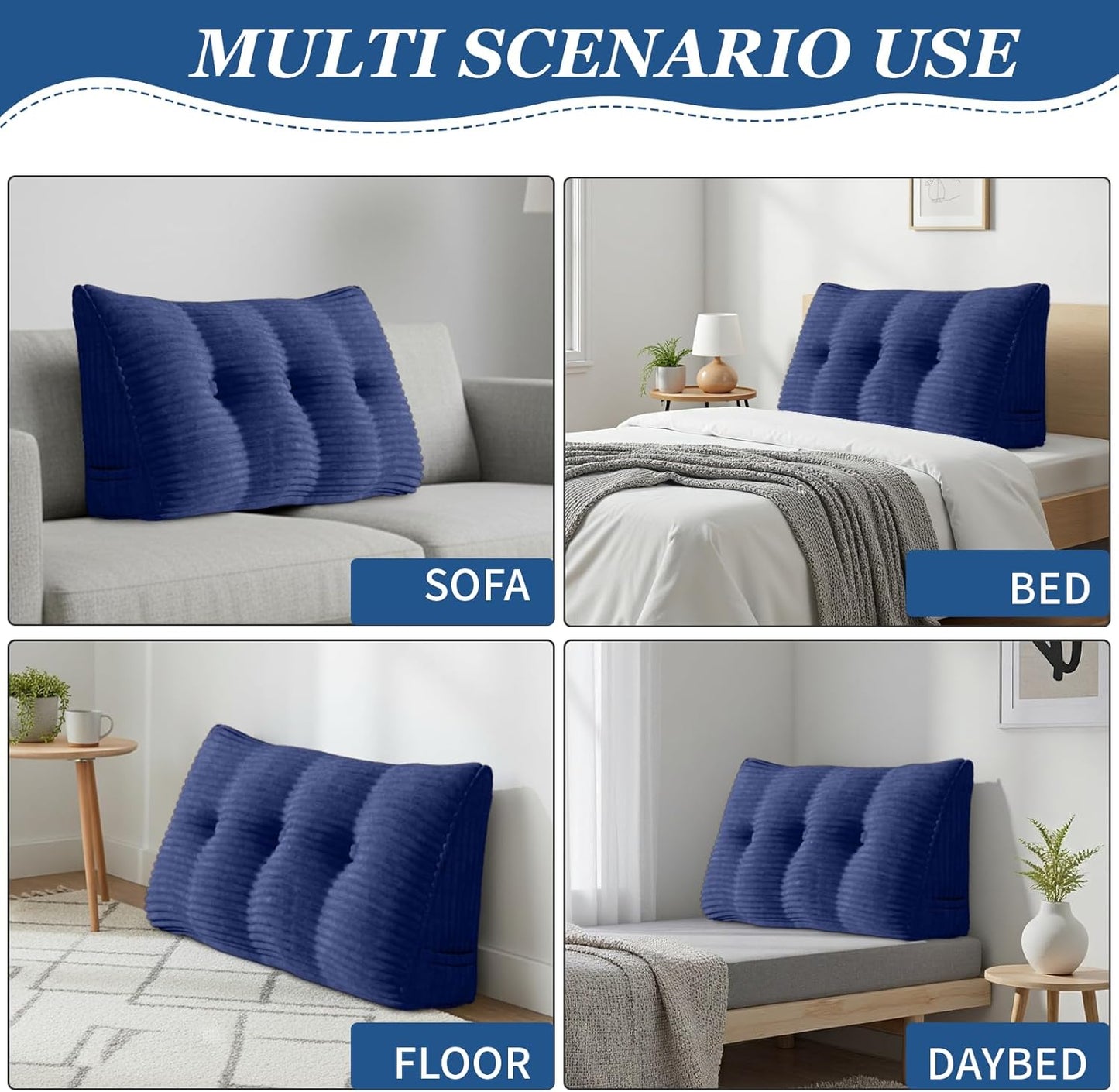 Headboard Pillow Twin Triangular Wedge Pillow for Headboard Bolster Pillow for Bed Sofa Daybed Pillow for Sitting Up Reading or Working with Removable Cover, Blue