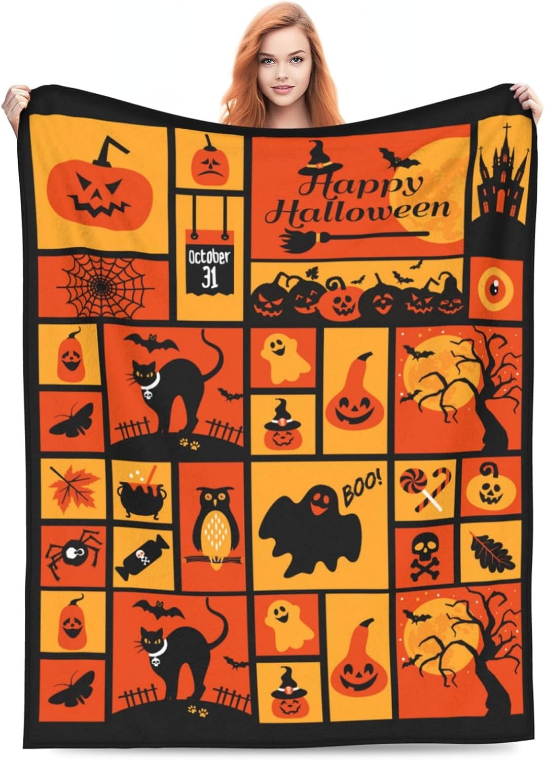 Halloween Happy Halloween Blanket Halloween Throw Blanket Flannel Lightweight Soft Plush Fuzzy Blankets for Bed Sofa Couch Livingroom Chair Car Travel Pet 50"x40"