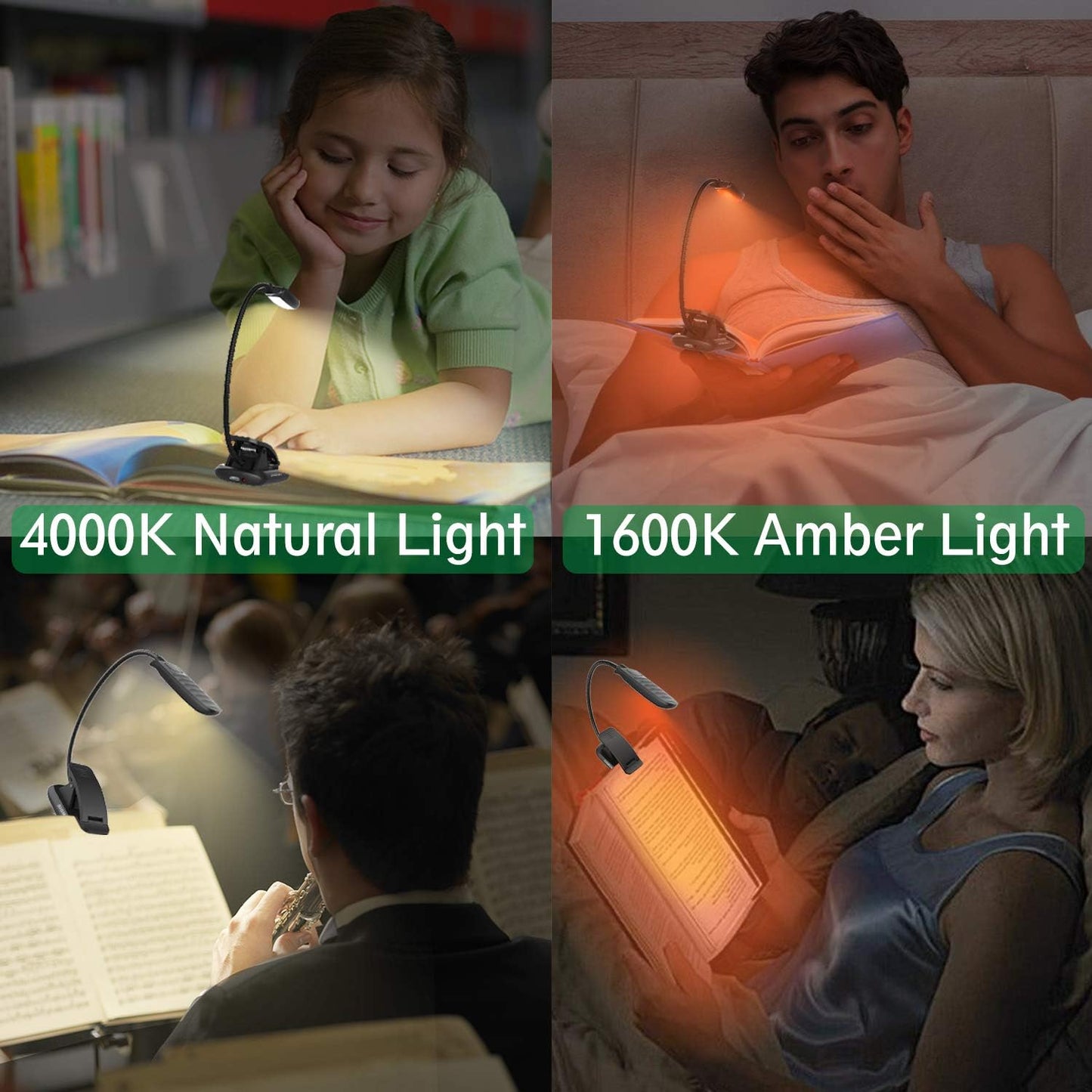 BIGMONAT Led Book Reading Light, Rechargeable Amber Book Night Light, Portable Bendable Neck, USB, Brightness Adjustable, Reduces Eye Strain, Black