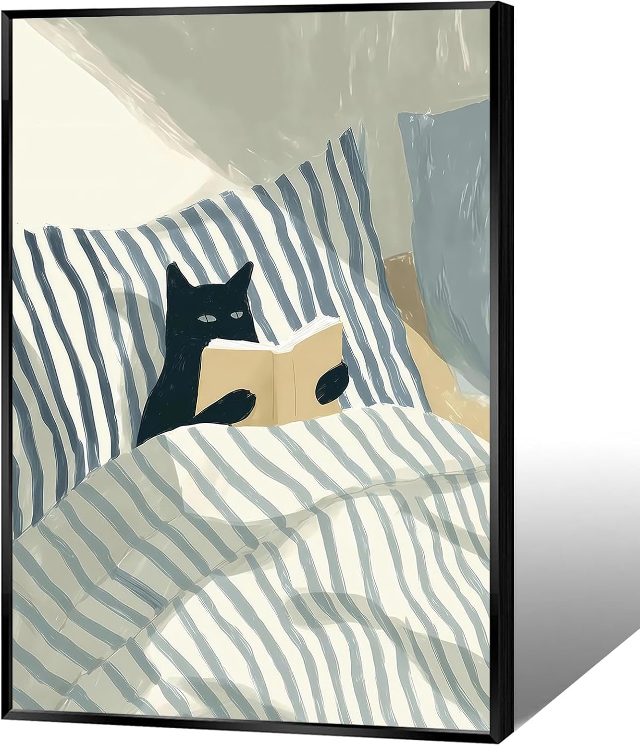 Vintage Black Cat Reading Cat Canvas Wall Art Funny Blue And White Striped Cat In Bed Posters Whimsical Animal Aesthetic Prints Painting For Home Bedroom Dorm Wall Decor 12x16in Unframed