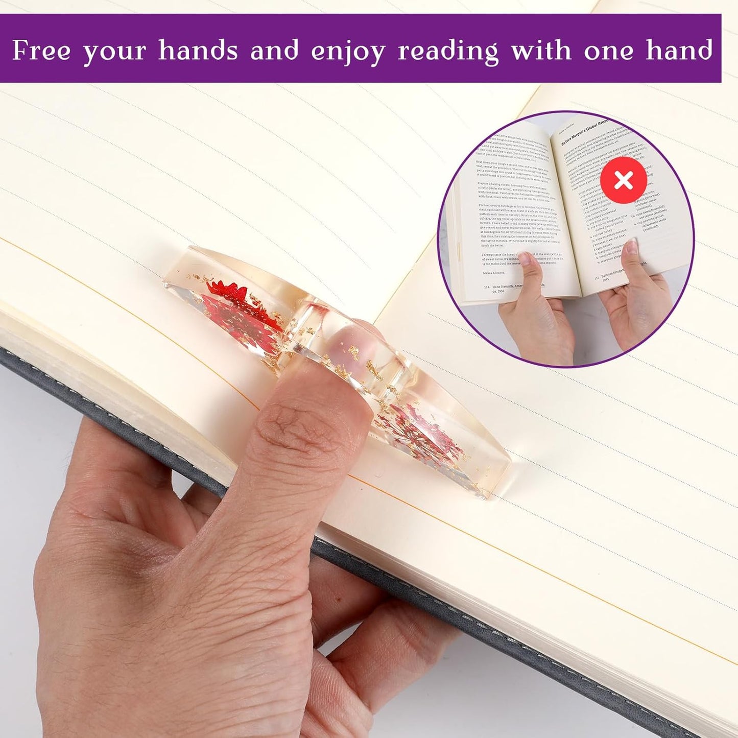 4 Pcs Books Page Holder Dried Flower Resin Transparent Thumb Bookmark Bookpage Holder Book Clips to Hold Books Open Book Accessories Gift for Reading Lovers Teachers Students (Purple Pink Red Yellow)