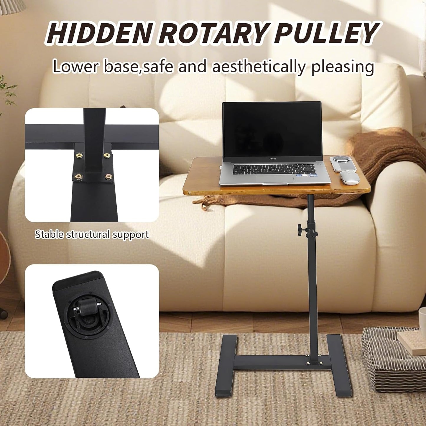 Simcat Adjustable Height Side Table TV Tray, 360°Swivel End Table, C Shaped Side Tables with Wheels for Living Room, Bedroom, Corners and Office (40 * 60cm, Wood Color)