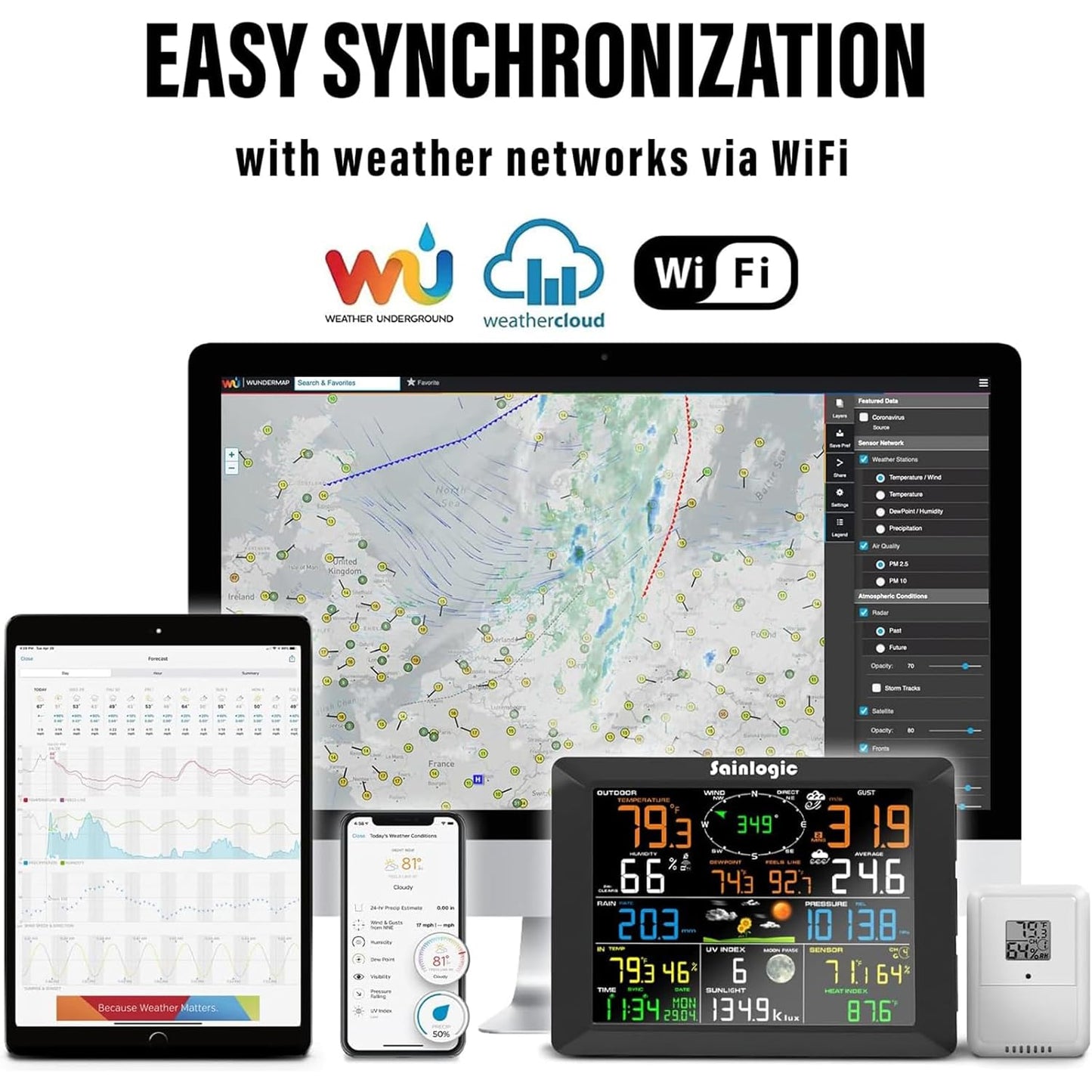 Sainlogic 8.3 Inch Color Display WLAN Weather Stations Wireless Indoor Outdoor with 7-in-1 Rain Gauge and Wind Speed Sensor, Internet Wireless Weather Station Remote Monitoring System