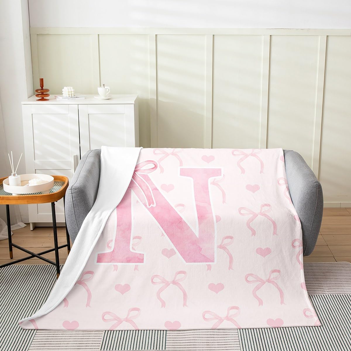 Erosebridal Initial Alphabet A-Z Fleece Throw Blanket 40x50 Inch for Girls Pink N Letter Flannel Blanket Girly Bowknot Room Decor Love Hearts Aesthetic Fairy Bedroom Decor