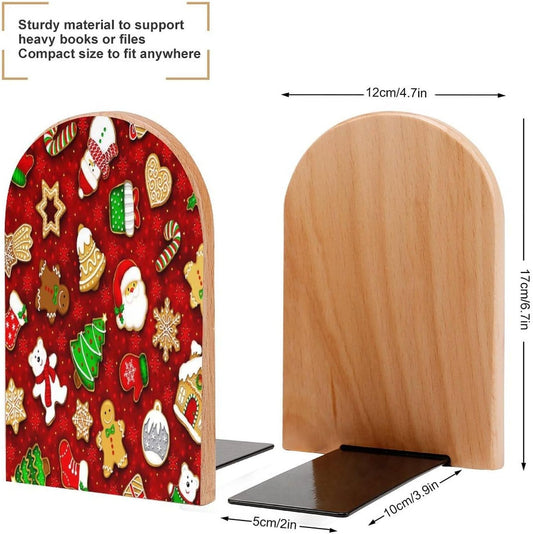 Happy Christmas Wooden Bookend Non-Slip Book Ends Heavy Duty Book Stopper with Metal Base Books Holderd Decorative Bookends Stands Firmly for Office Supplies