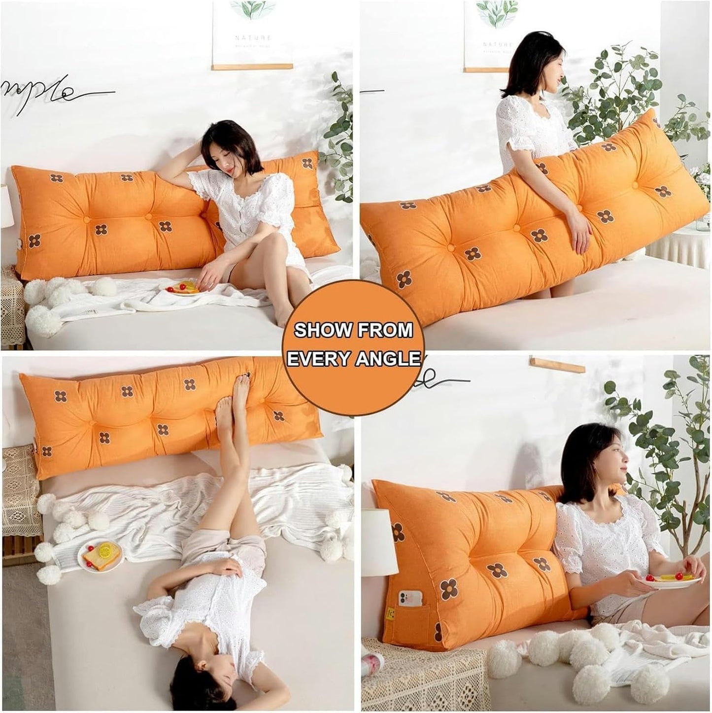 Headboard Pillow, Triangular Cushion Large Bolster Pillow, Bed/Sofa Triangular Reading Pillow, Headboard Back Support Pillows Lumbar Cushion with Pocket & Machine Washable Cover