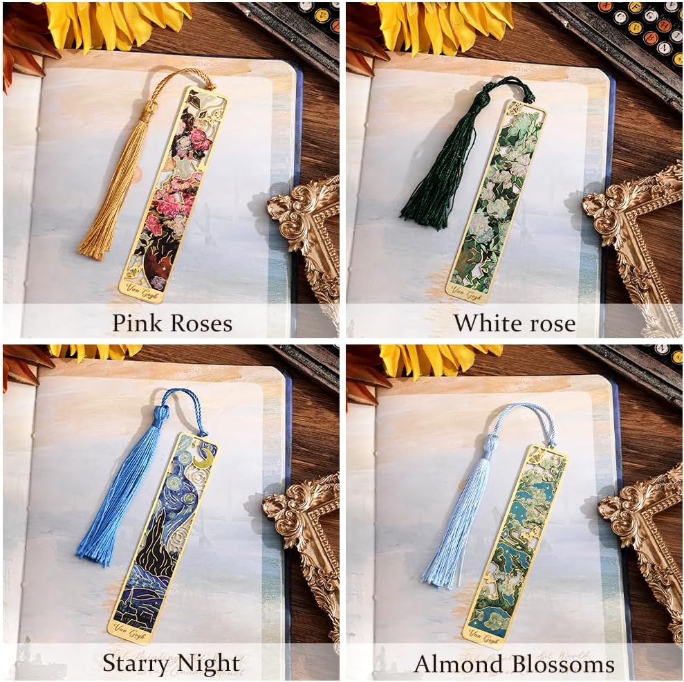 8 Pieces of Gold Hollow Bookmarks with Tassels, Featuring Van Gogh and Monet Oil Painting Themes Perfect for Book Lovers, Writers, Readers, Children, Teenagers, Men, Women, and Adults