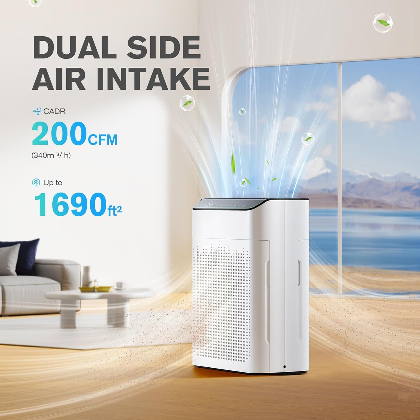 Air Purifiers for Home Large Room up to 1690 ft², HEPA Filter with PM 2.5 Monitor, WiFi and Alexa Compatible, Dual Air Intake for Smoke, Odor, Ivory