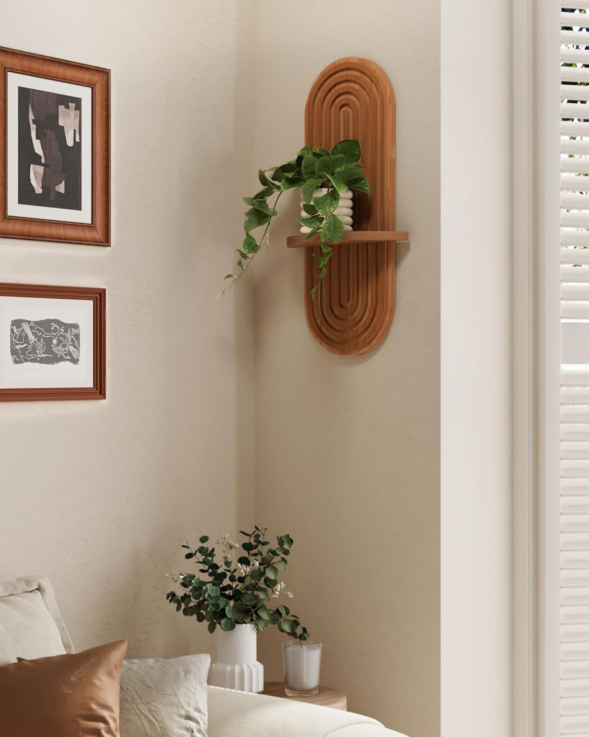 Bamworld Boho Wall Decor Brown Plant Wall Shelf, Mid Century Modern Decor Hanging Plant Shelf, 1-Tier Bamboo Floating Shelves for Home Bathroom Bedroom Living Room Holding Planter Decoration Brown
