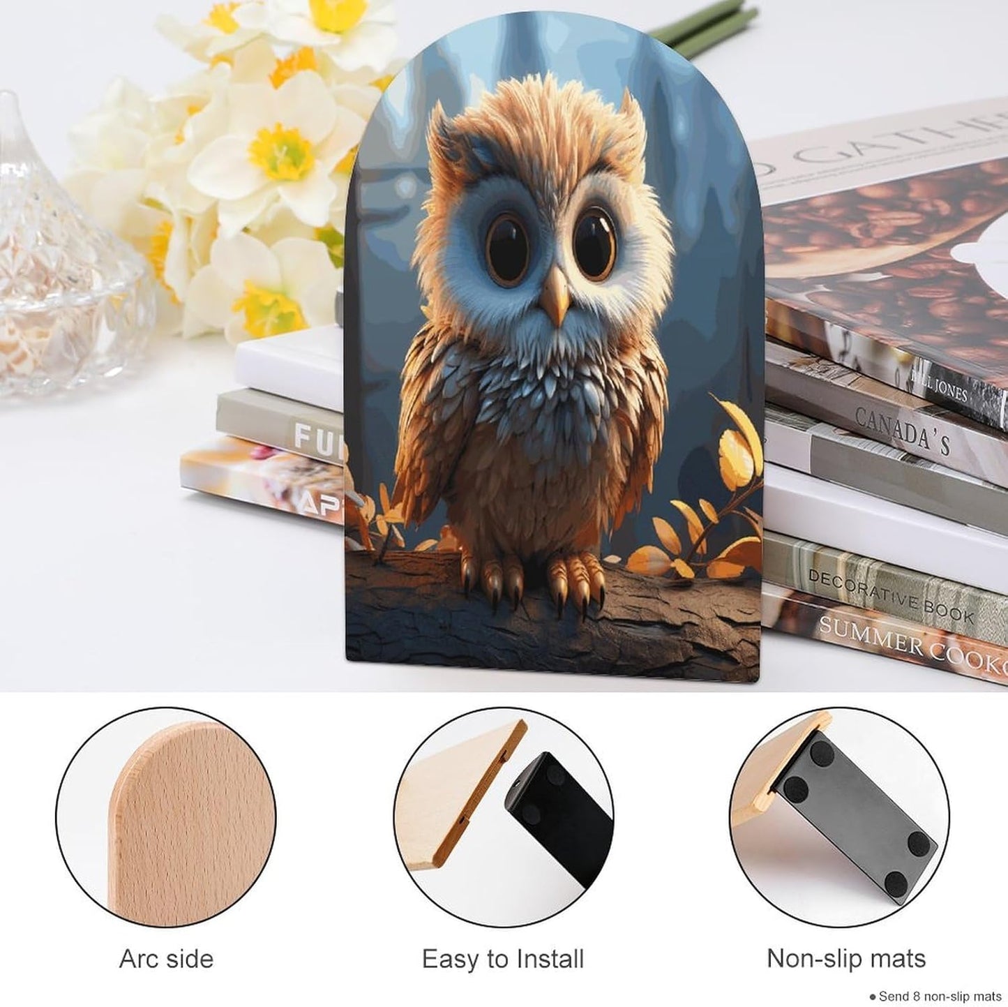 Cute Owl Bookend for Shelves Wooden Book End Large Size Sturdy Book Holders Stoppers with Metal Base for Bookshelves Slick Decorative Bookends Stands