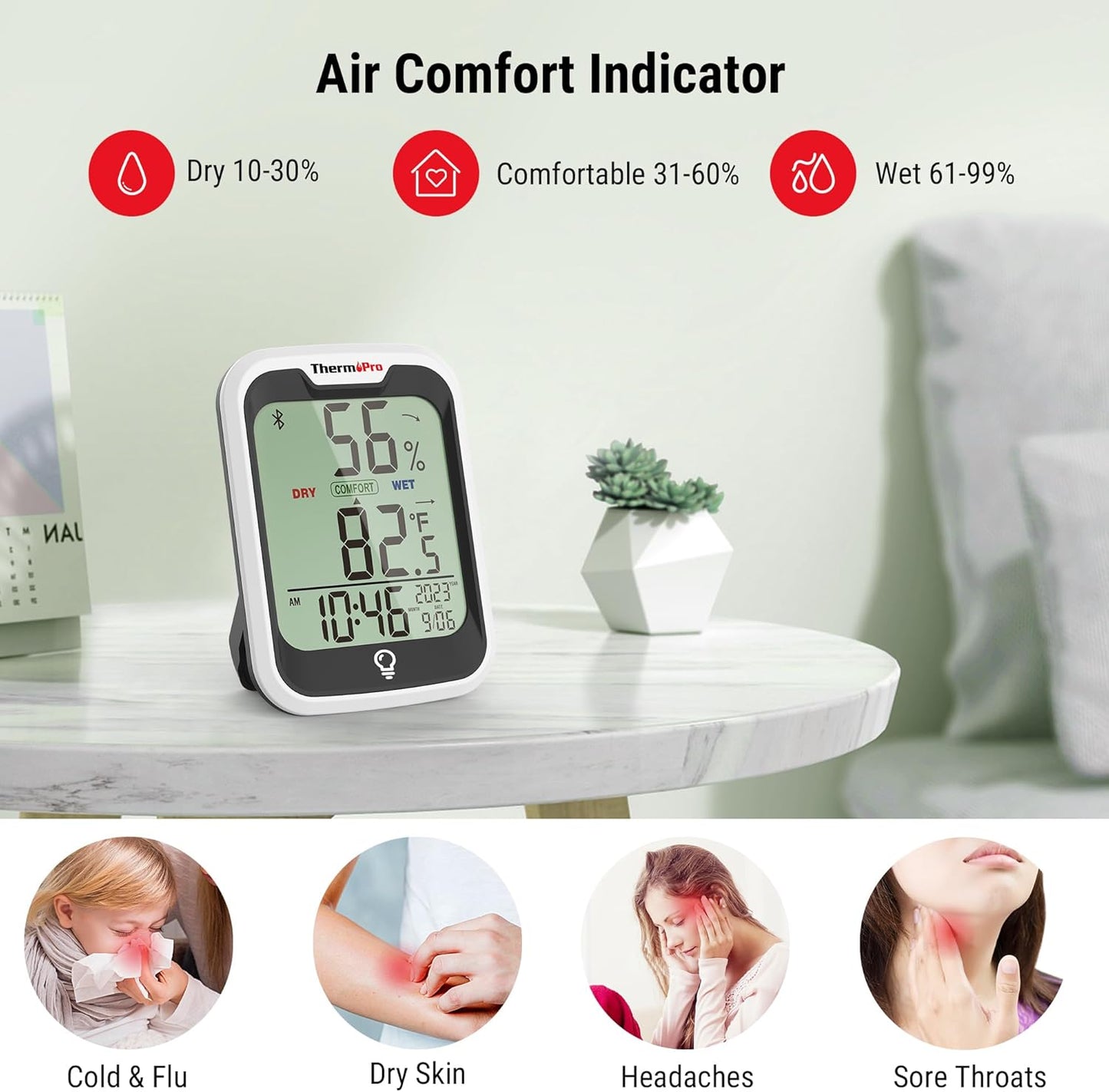 ThermoPro TP358 Bluetooth Thermometer for Room Temperature with Built-in Clock, Smart Temperature Sensor and Humidity Meter with Backlit, 260Ft Hygrometer Indoor Thermometer with Data Storage Export