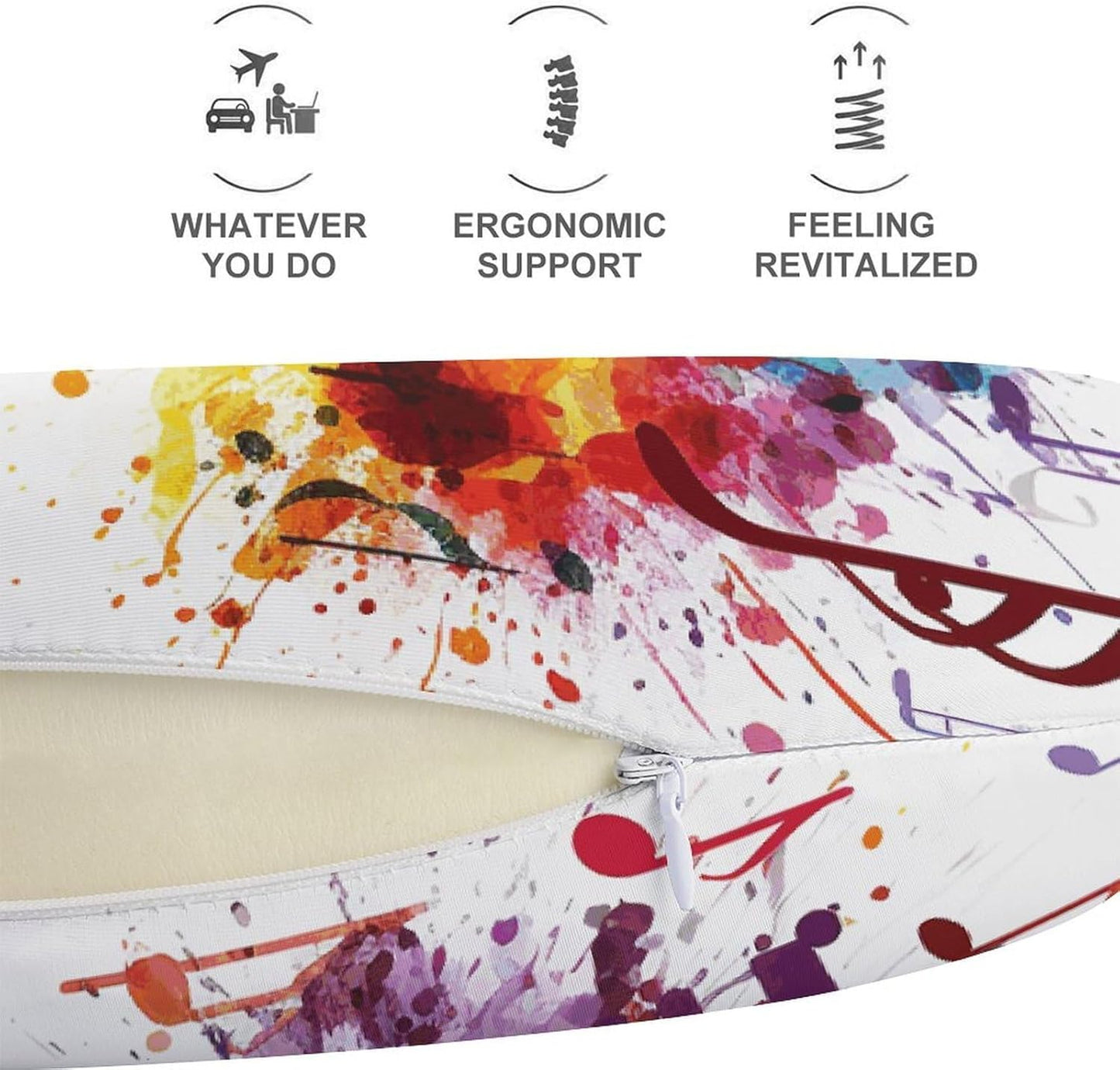 Colorful Music Neck Pillow Memory Foam U Shaped Pillows Portable Pillows for Shoulder Travel Head Support Pillow with Concealed Zipper for Airplane Car Home Office