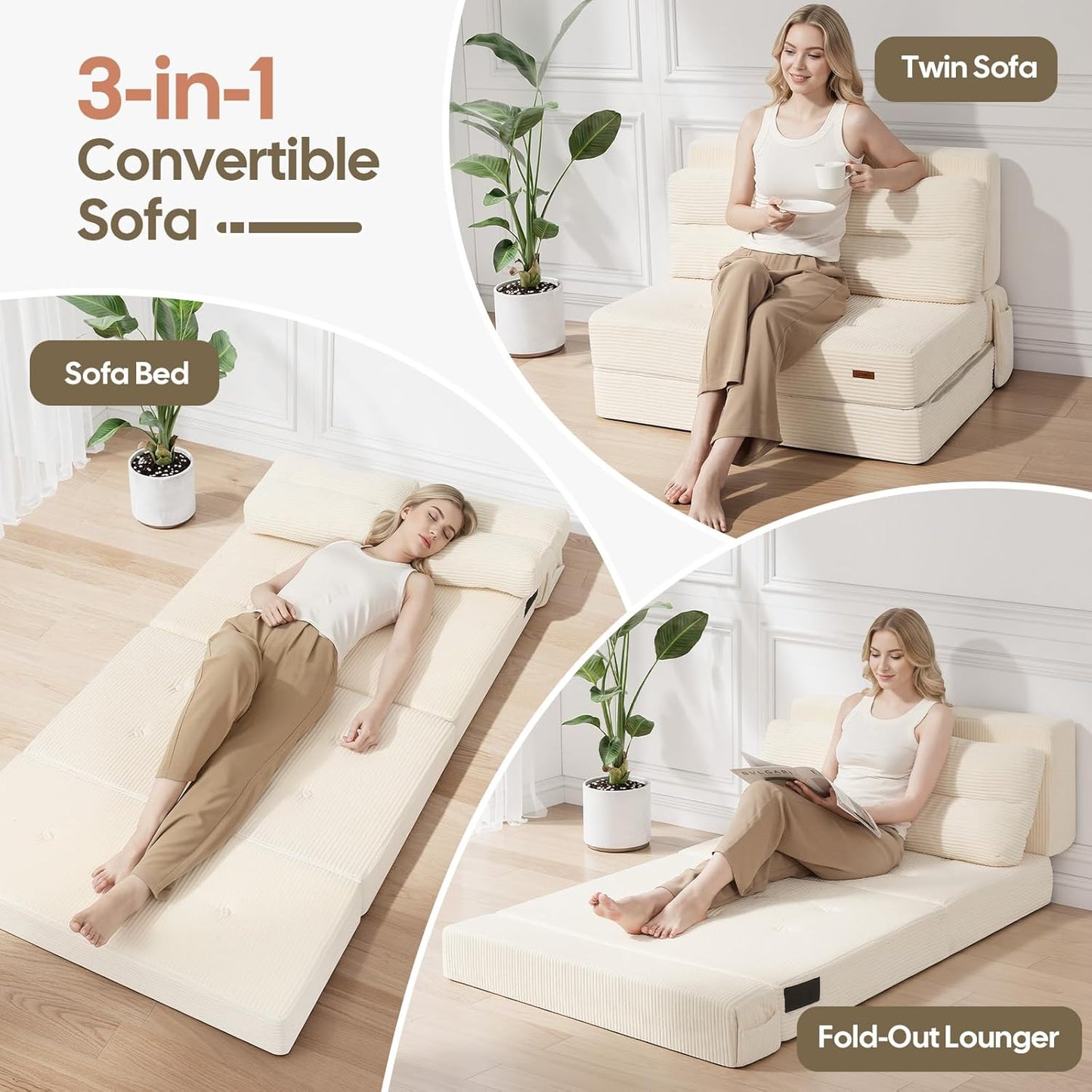 COMAX Folding Sofa Bed, Foldable Couch for Bedroom, Convertible Floor Sleeper Futon Chair Foam, Corduroy 3 in 1 Fold Out Chair Portable Comfy Lounge Couch Sofa Bed for Small Space, Twin, Beige